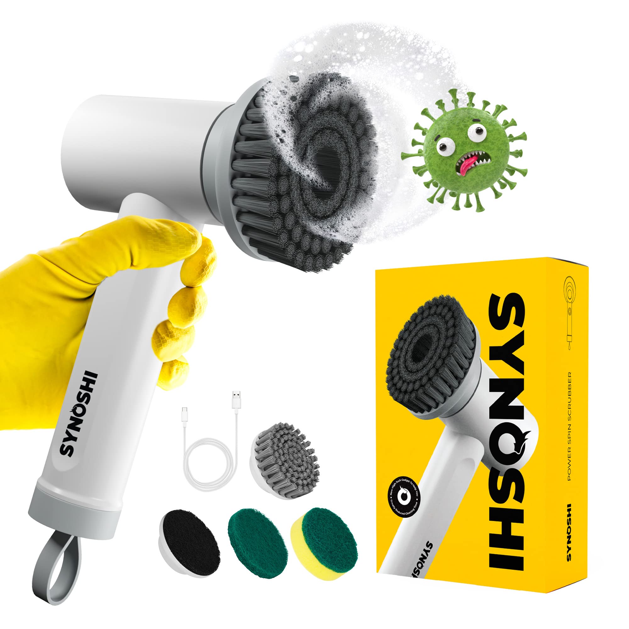SYNOSHI Cordless Electric Spin Scrubber - Waterproof Power Cleaning Brush with 3 Replaceable Heads & Dual Speed Settings - Perfect for Bathroom Tiles, Shower, Bathtub, Kitchen, Car Detailing & Floor Cleaning - Effortless Deep Cleaning for Tough Stains & Grime