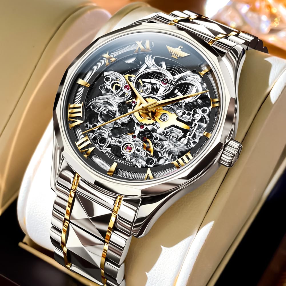 OUPINKE Men's Automatic Skeleton Watch - Self Winding Mechanical Watch with Sapphire Crystal, 50M Waterproof & Tungsten Steel Case - Stylish Hollow Design for Business, Formal & Casual Wear