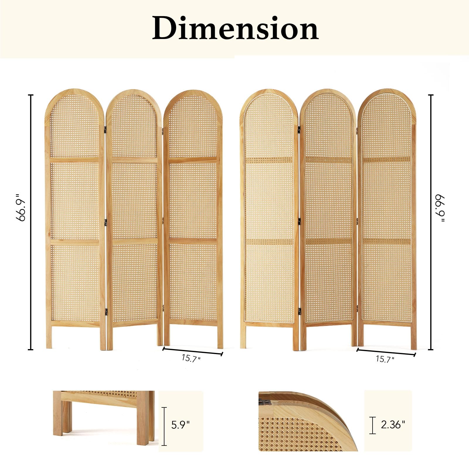 5.6 Ft Pine Wood Room Divider with Double Hinged Rattan Panels - Freestanding Folding Privacy Screen for Home Office, Bedroom & Living Room (3-Panel, Natural) - Perfect for Space Separation & Home Decor