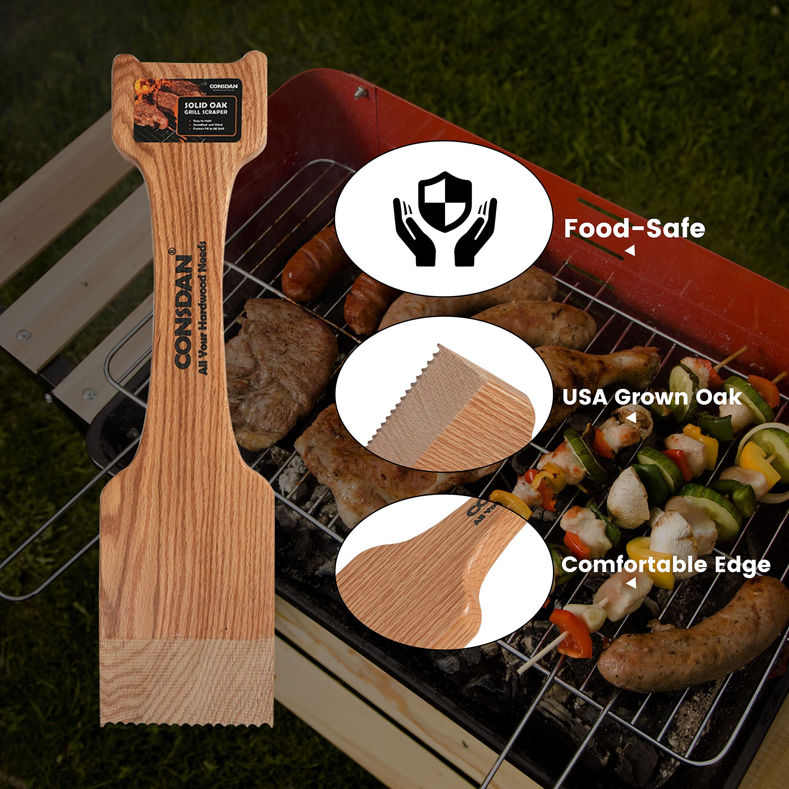 Premium Oak Wood Grill Scraper - Bristle-Free BBQ Grill Brush for Outdoor Grilling, Safe Grill Grate Cleaner - Perfect for Backyard BBQs, Camping & Tailgating