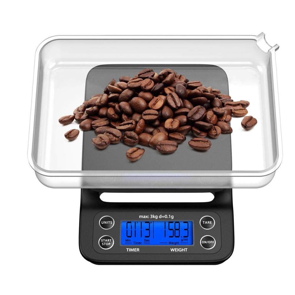 Precision Digital Coffee Scale with Timer - 3kg/0.1g Accuracy, Blue LCD Display & Removable Tray for Hand Brewing, Baking and Kitchen Use - Perfect for Coffee Enthusiasts & Home Bakers