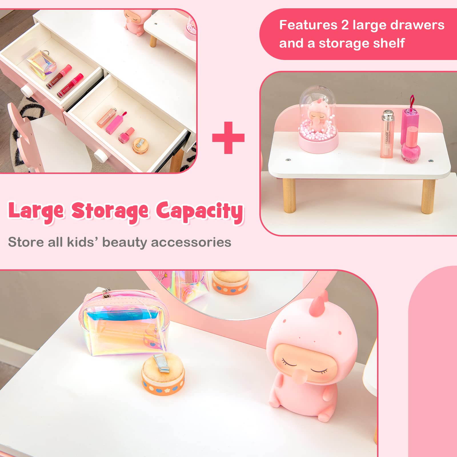 Princess Makeup Vanity Set for Kids - Wooden Rabbit Theme with Mirror & Stool - Pink