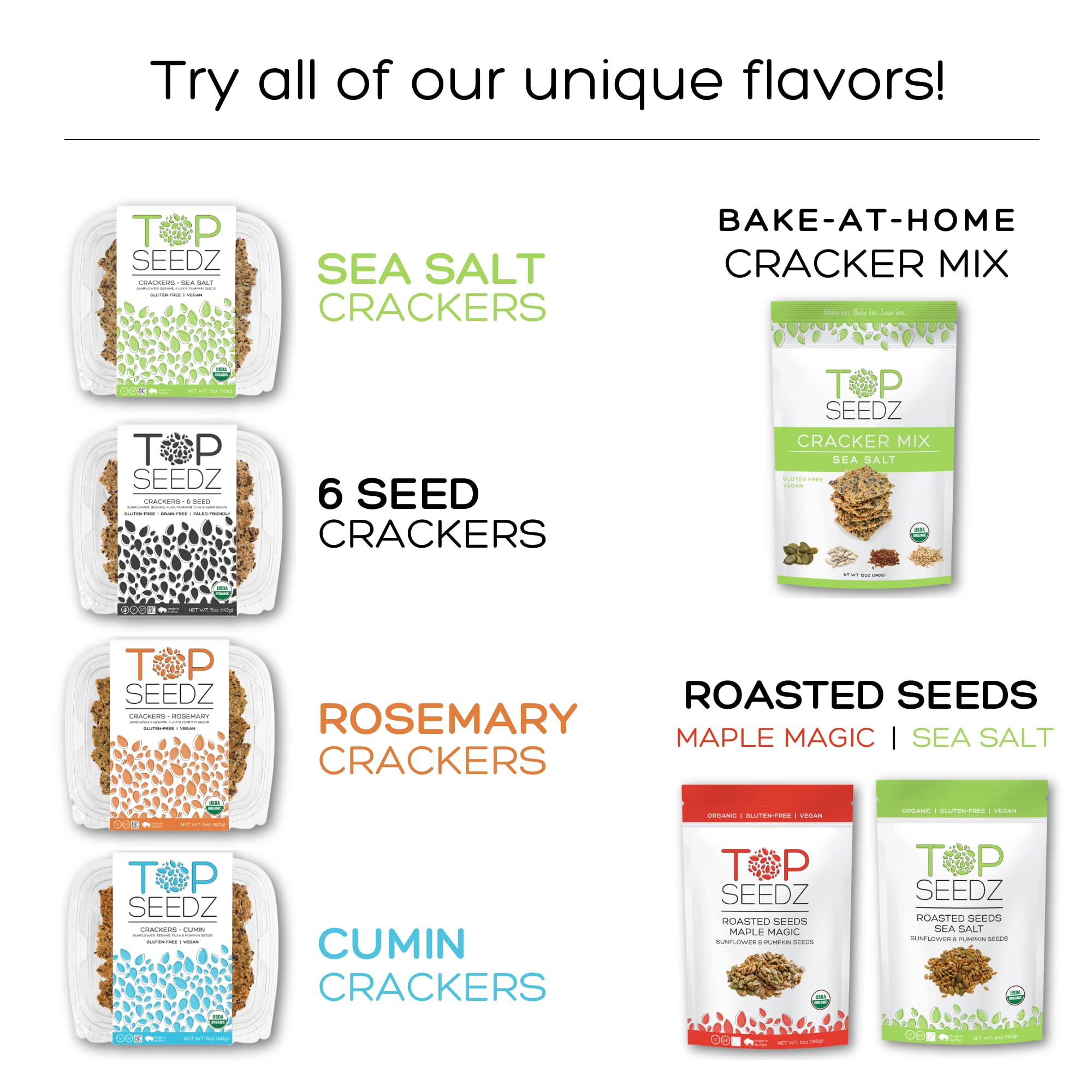 Top Seedz Certified Organic Gluten Free 6 Seed Crackers - 6-Pack (5oz) | Healthy Vegan Crackers with Plant-Based Protein | Sunflower, Flax, Sesame & Pumpkin Seeds | Perfect for Snacking, Lunchboxes & Keto Diets