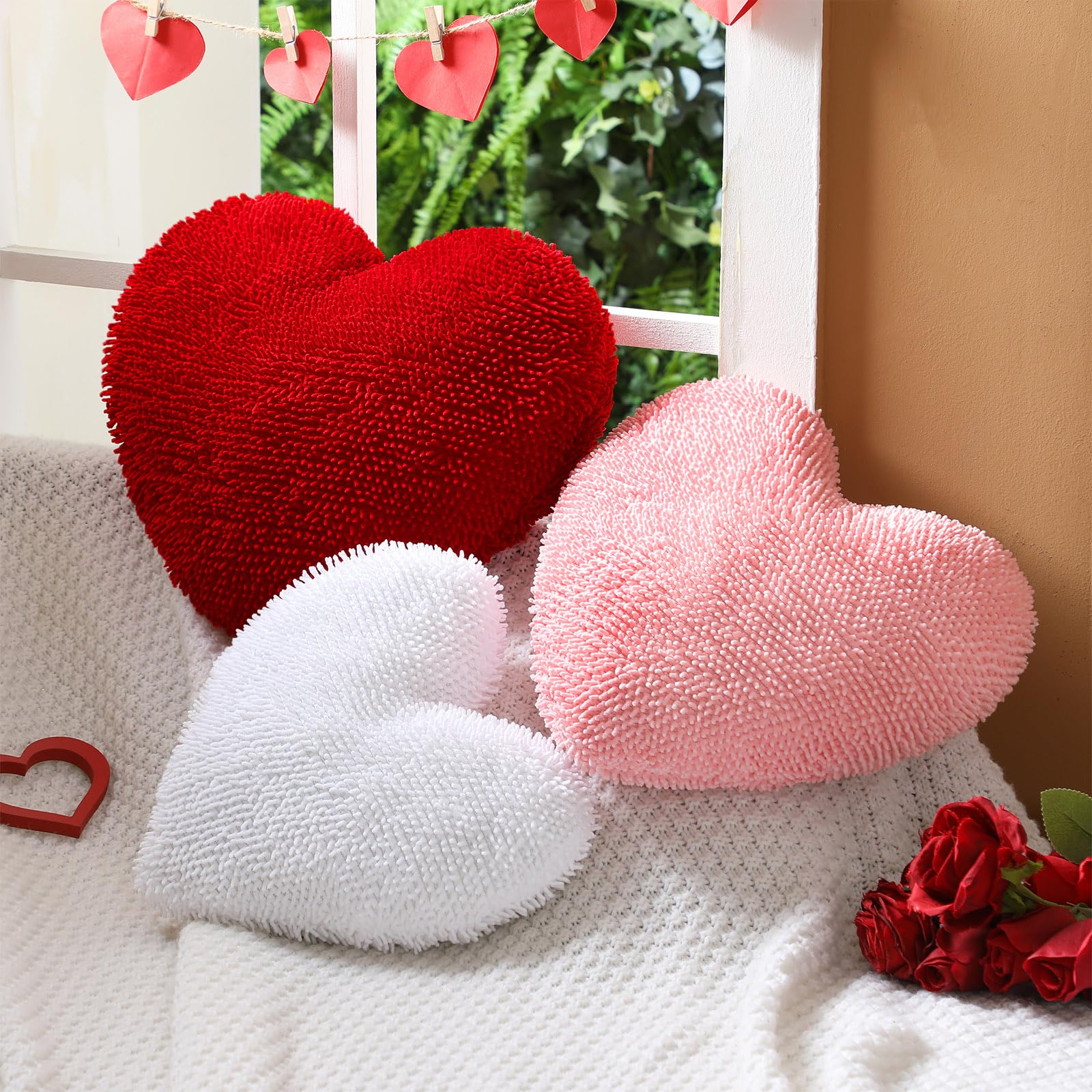 3 Pack Valentine's Day Heart Shaped Throw Pillows - Soft Velvet Plush Cushions in Red, Pink & White - Perfect Gift for Friends, Kids & Romantic Decor - Ideal for Living Room, Bedroom, Party Decorations & Photo Props