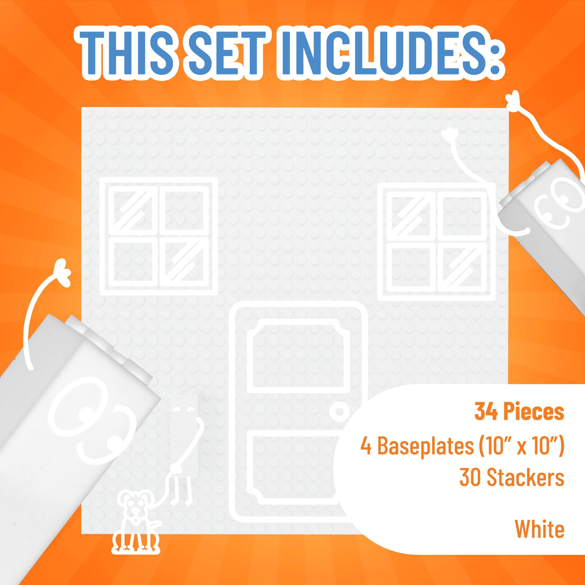 Strictly Briks LEGO-Compatible Stackable Baseplates - 4 White 10x10 Inch Base Plates & 30 Stackers - 100% Compatible with All Major Building Brick Brands - Perfect for Towers, Shelves & Creative Play