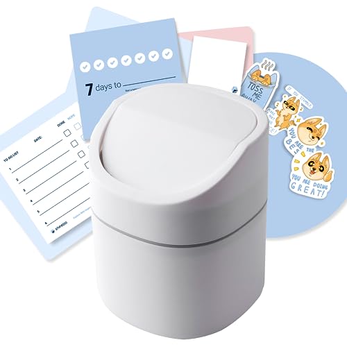 Sheebo Modern Plastic Mini Trash Can with Lid - 2 Liter Small Waste Bin for Office Desk, Bathroom, Bedroom, Coffee Table - Compact Desktop Garbage Can with Swing Top (White) - Perfect for Home, Office & Workspace Organization