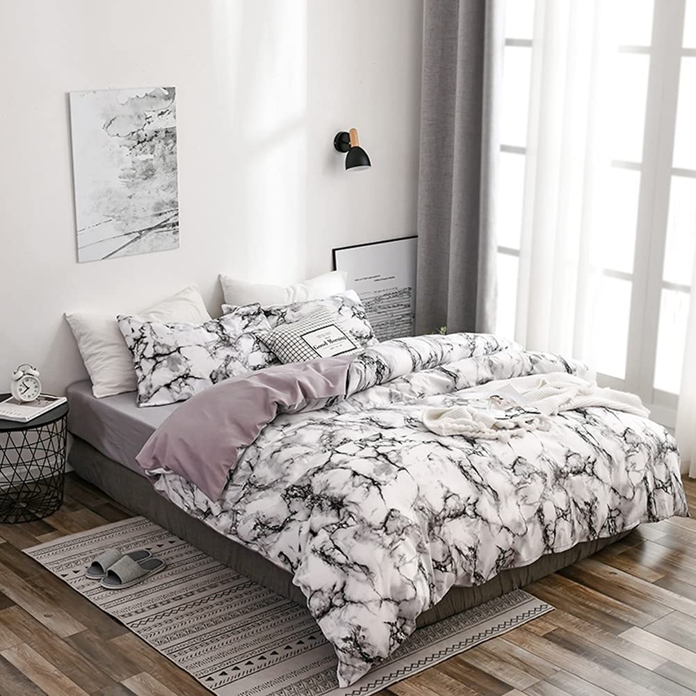 Premium Bedding Set - Ultra Soft & Breathable Comforter, Sheets & Pillowcases for Bedroom & Study Room (Marble White) | Perfect for Home, Dorm & Guest Room Comfort