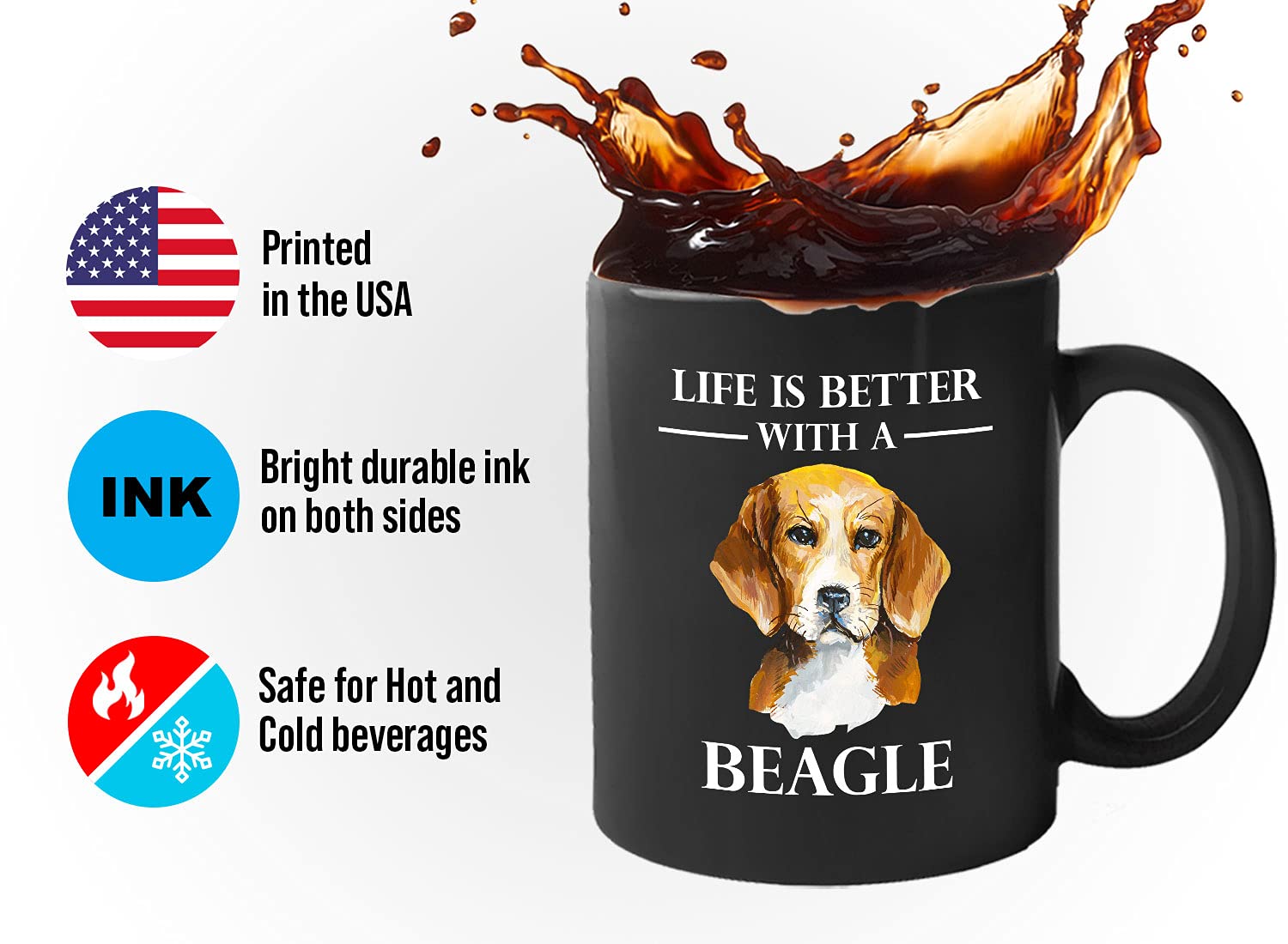 11 Oz Black Dog Lover Coffee Mug - Life Is Better With A Beagle - Perfect Gift for Dog Owners, Pet Lovers & Beagle Breed Enthusiasts - Great for Coffee, Tea or Hot Chocolate at Home or Office