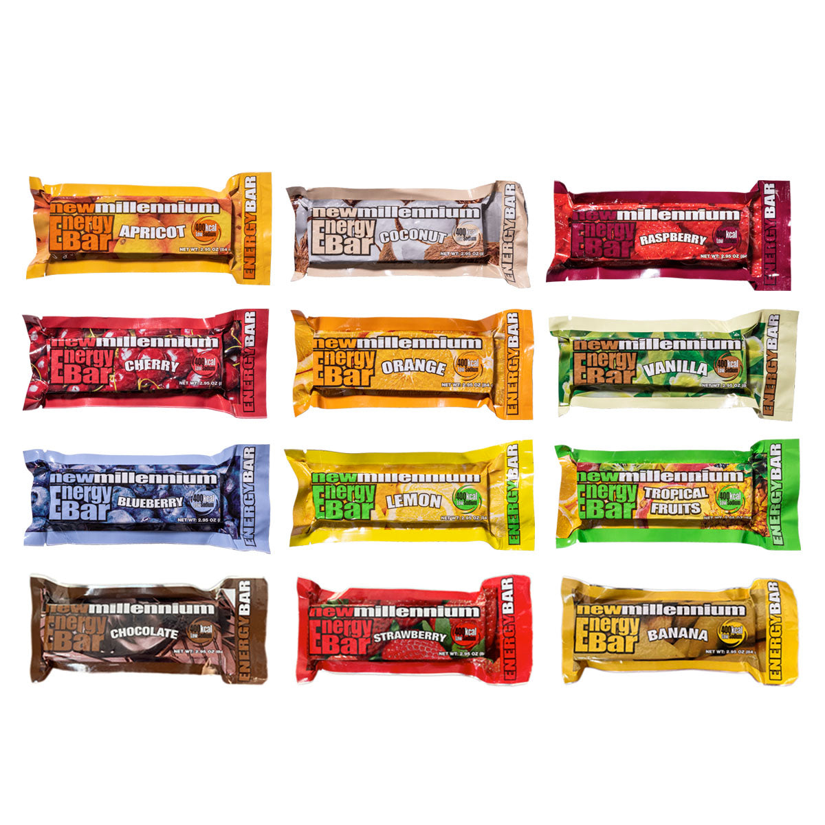 New Millennium 400 Calorie High Protein Energy Bars - 12 Delicious Fruit Flavors Variety Pack | Perfect for Hiking, Gym Workouts & On-the-Go Snacking