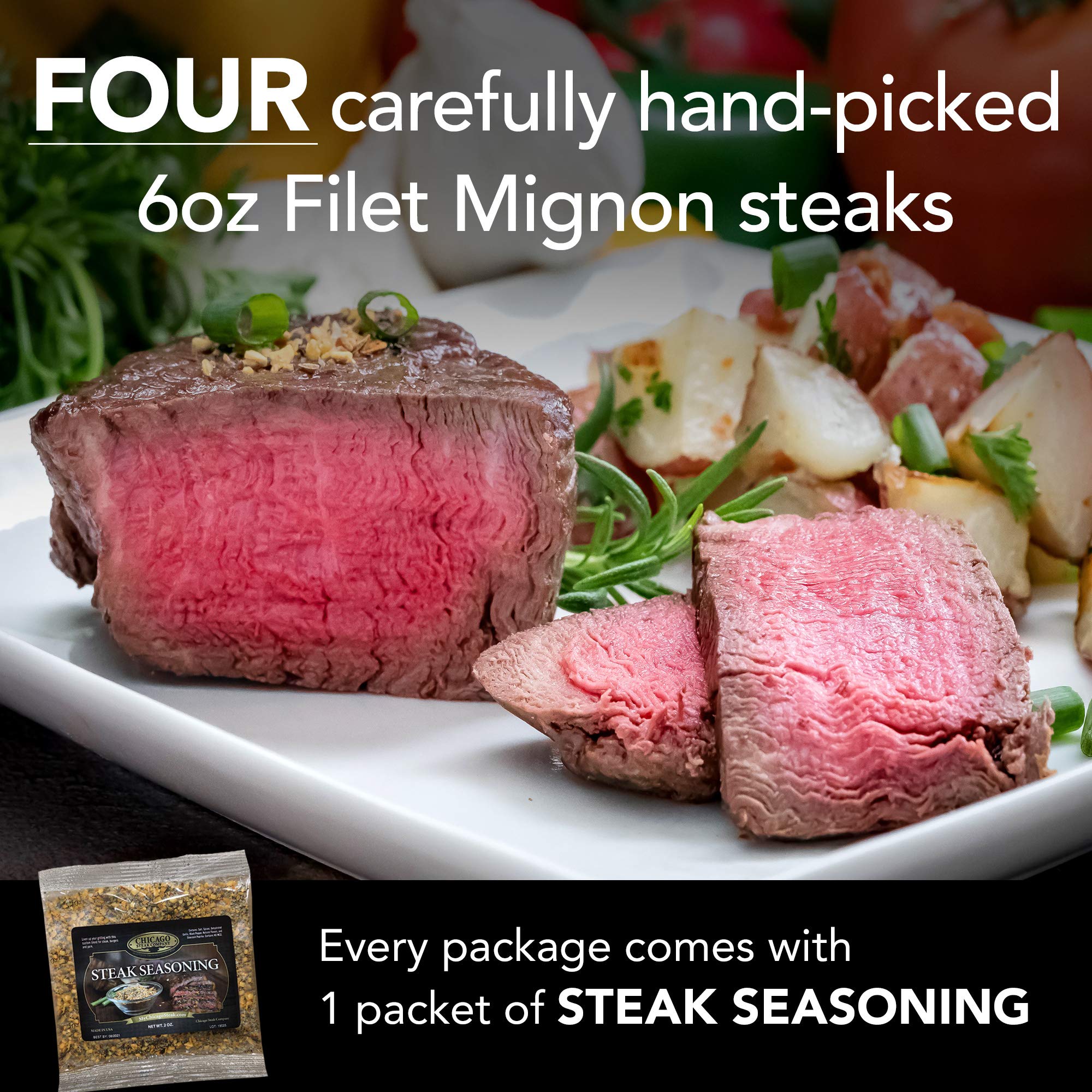 Premium Wet-Aged Filet Mignon Steak Gift Box - 4 (6 oz) USDA Prime Beef Filets with Steak Seasoning | Perfect for Grilling, Special Occasions & Gourmet Home Cooking | Chicago Steak Company Butcher's Choice