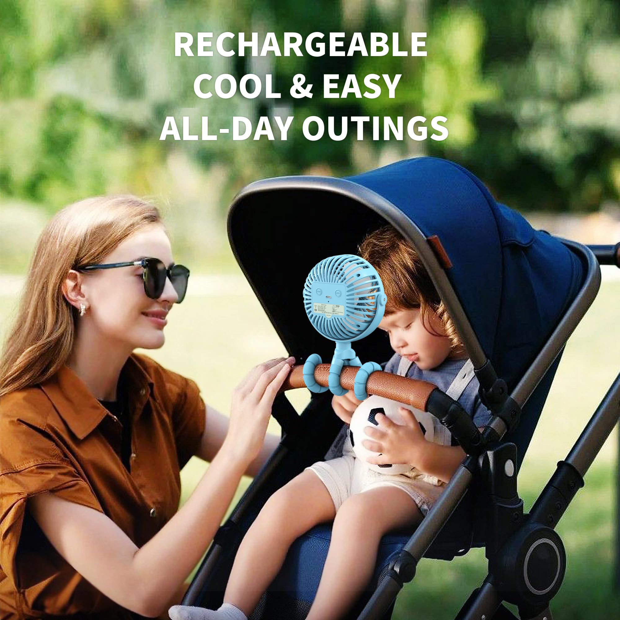 AMACOOL Rechargeable Stroller Fan with Flexible Tripod - 3 Speed Adjustable, 360° Rotatable Clip On Fan for Baby Stroller, Car Seat, Crib, Bike & Treadmill | Portable Personal Cooling Fan for Indoor & Outdoor Use (Blue)