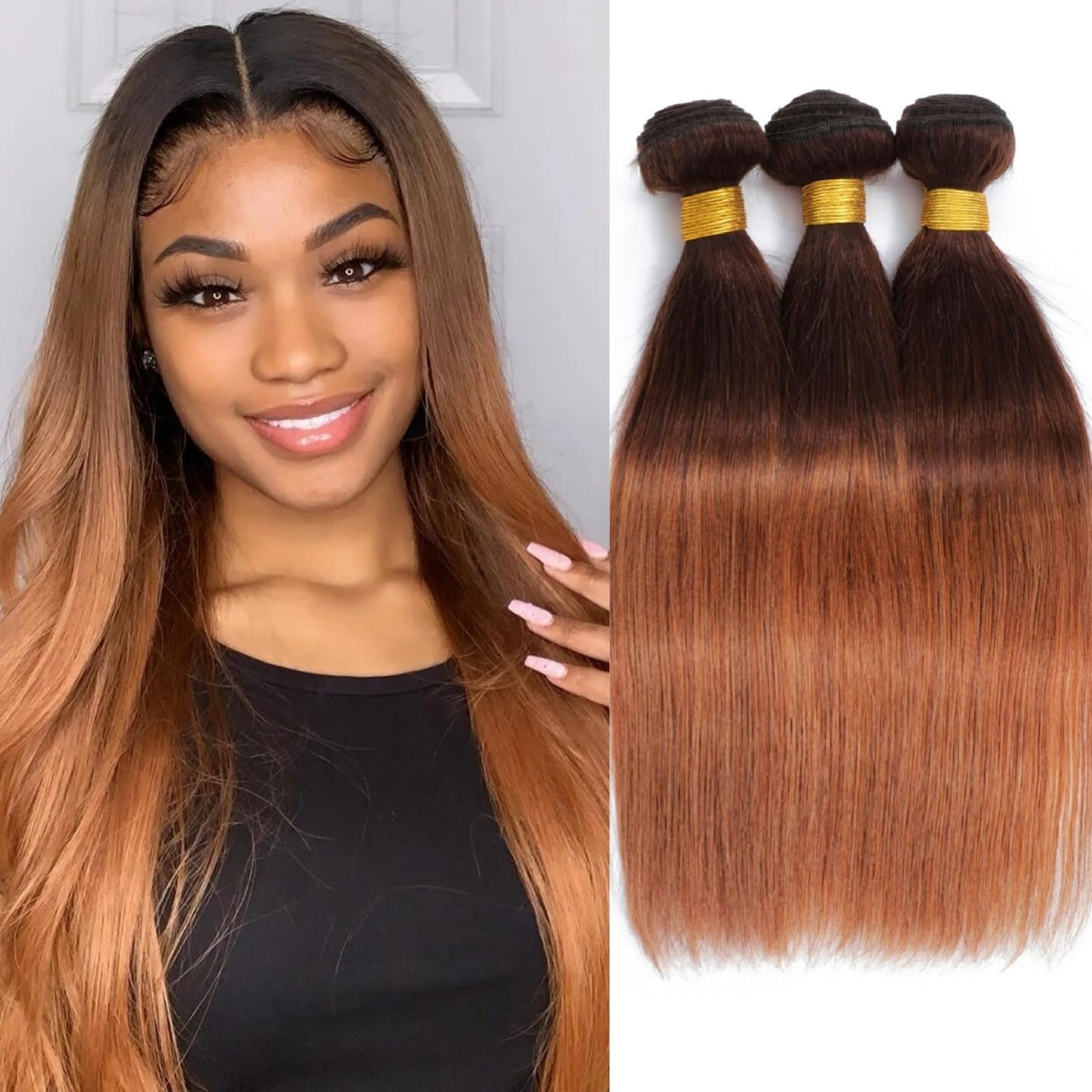 10A Brazilian Virgin Remy Human Hair Bundles - 100% Unprocessed Straight Ombre Hair Extensions (T4/30, 16 18 20 Inch) - 2 Tone Black to Honey Brown for Length & Volume - Perfect for Daily Wear, Styling & Special Occasions