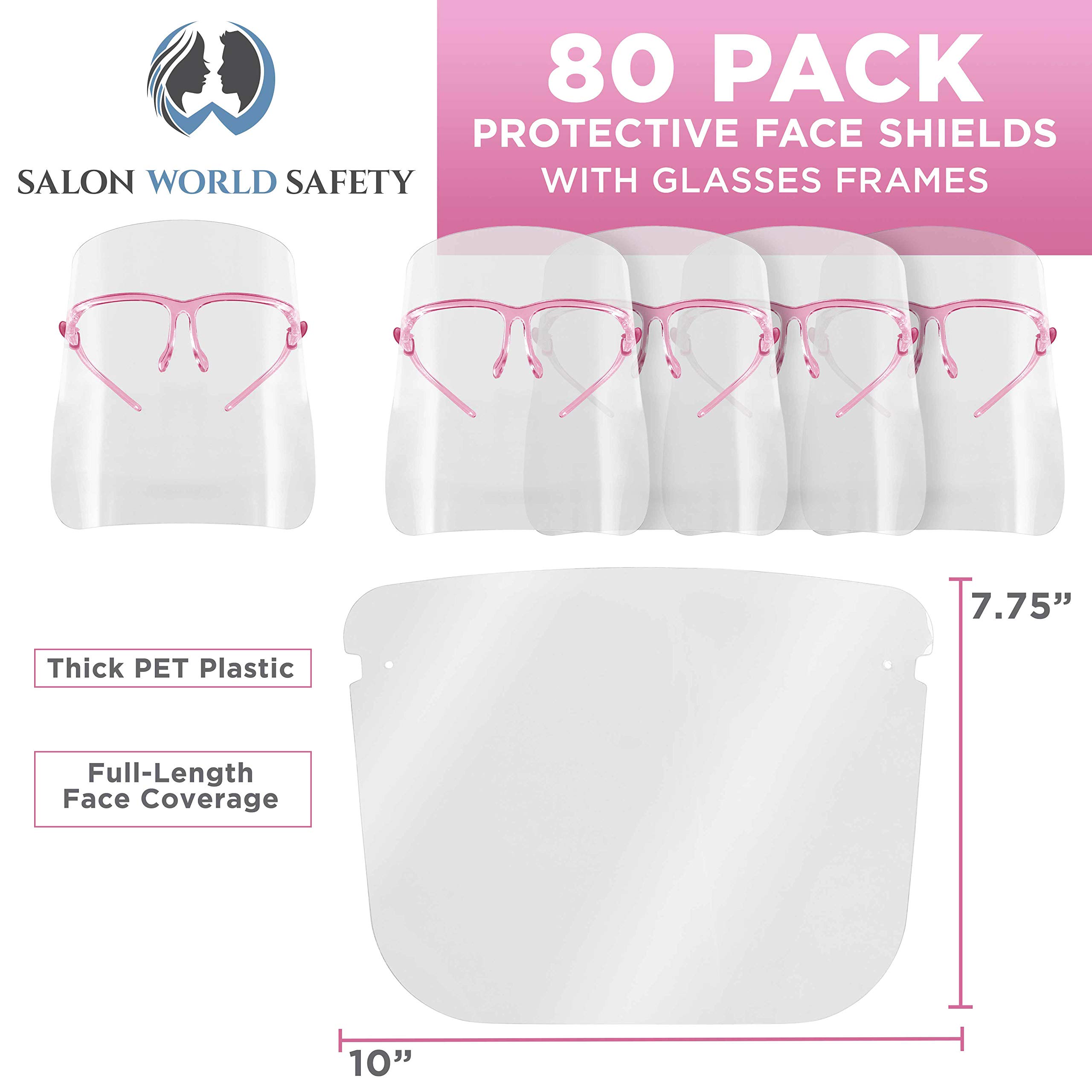 TCP Global Salon World Safety Face Shields with Pink Glasses Frames (80-Pack) - Ultra Clear Full Face Protection for Eyes, Nose & Mouth - Anti-Fog PET Plastic Shields - Ideal for Salons, Healthcare & Industrial Use