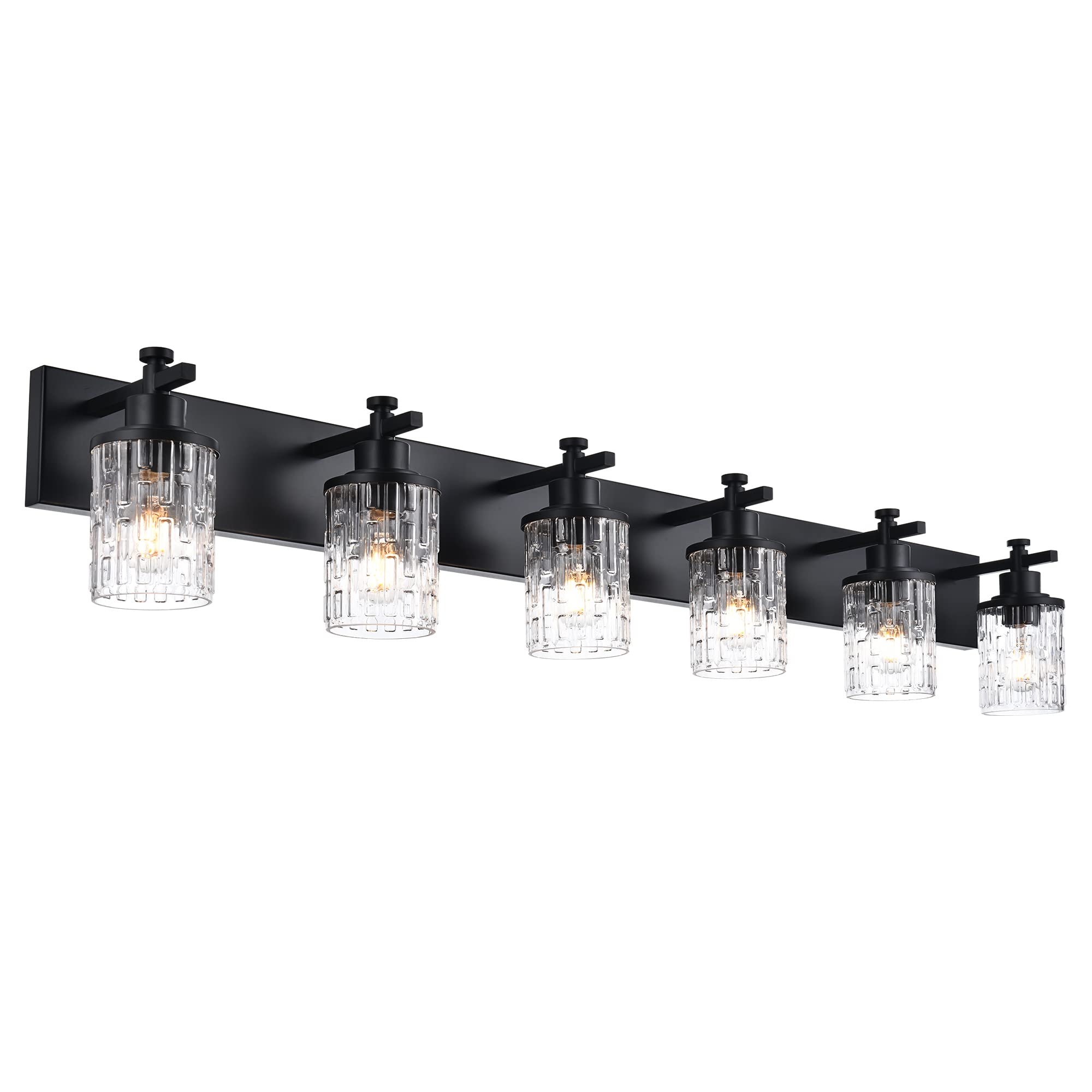 MELUCEE 6-Light Matte Black Industrial Vanity Lighting Fixture with Clear Grid Glass Shade - Modern Bathroom Wall Light for Mirror Cabinet, Powder Room, Kitchen & Foyer | Perfect for Home Decor & Interior Lighting