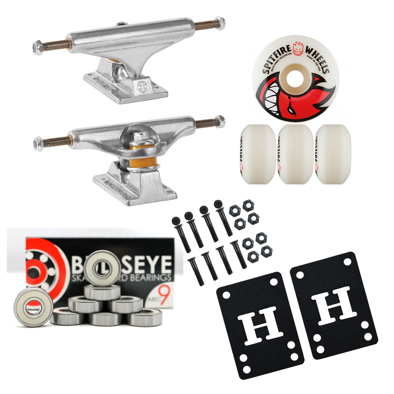 Independent 149 Skateboard Trucks with 52mm Spitfire Wheels & Bearings - Complete Skateboard Setup for Street & Park Riding