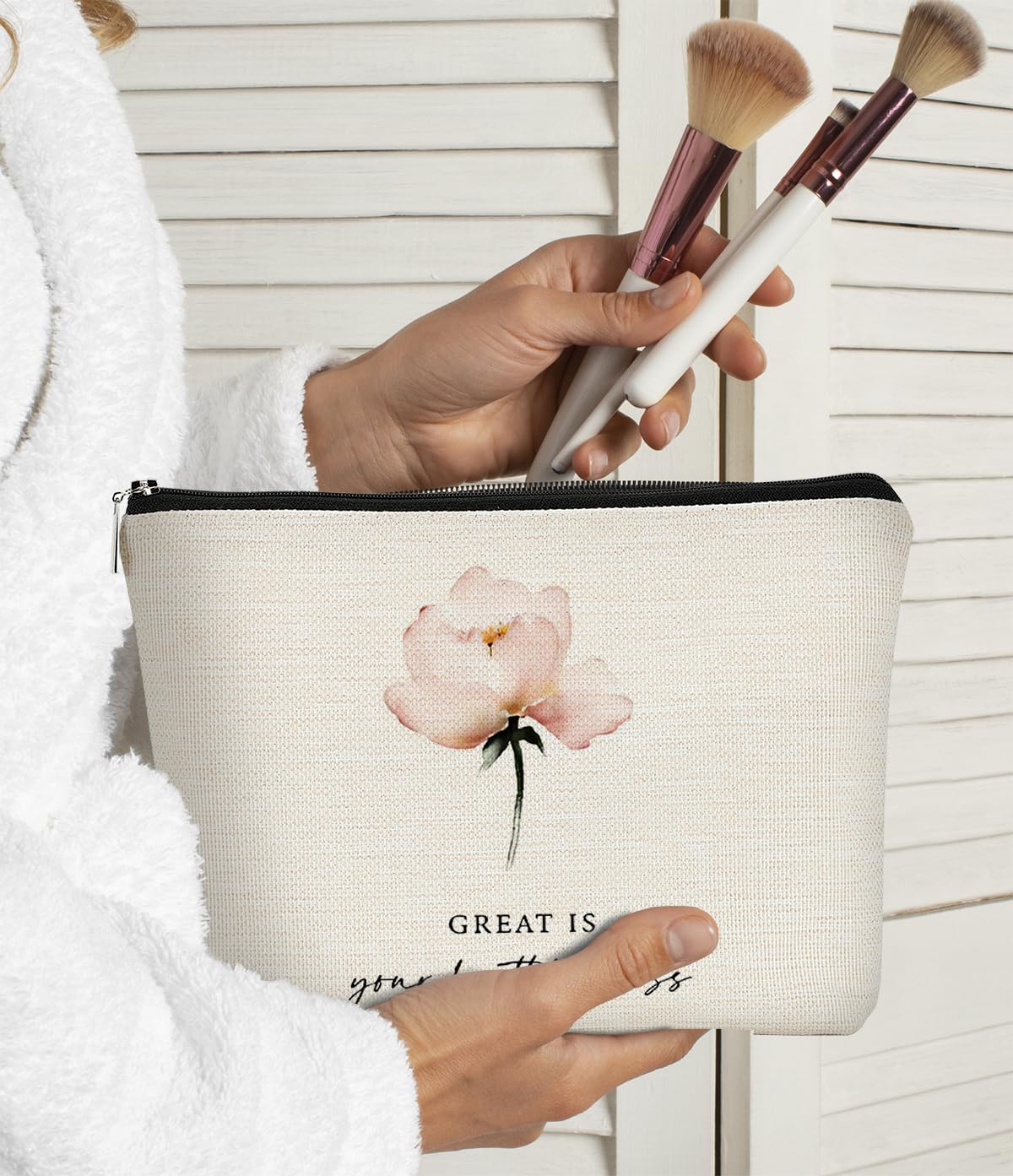 Christian Bible Scripture 'Great is Your Faithfulness' Makeup Bag - Watercolor Pink Flower Cosmetic Pouch with Zipper for Travel & Toiletry | Religious Gifts for Women of Faith | Perfect for Church, Bible Study & Daily Devotion