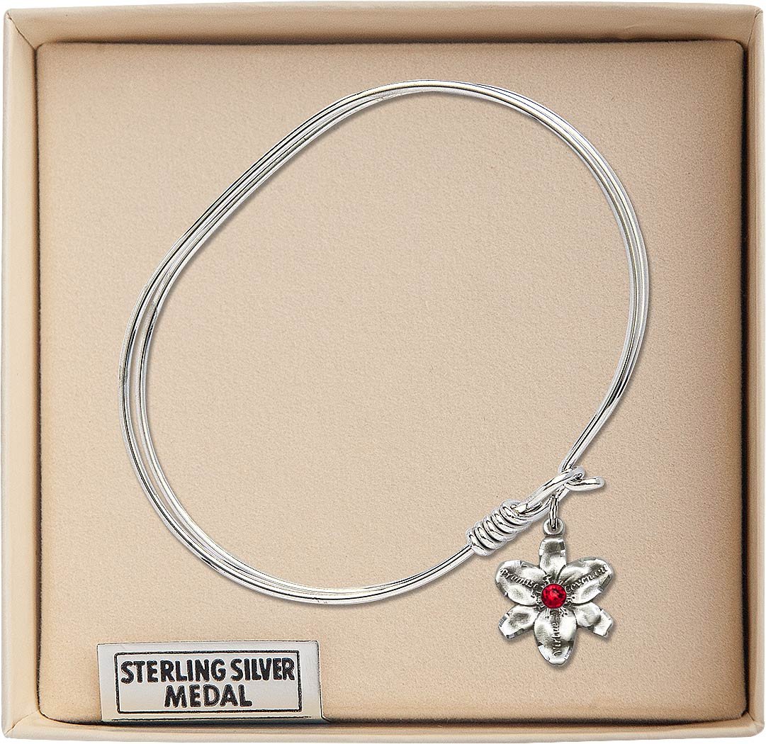 7 Inch Oval Eye Hook Bangle Bracelet with Chastity Medal Charm & July Red Crystal - Elegant Jewelry for Women, Perfect for Valentine's Day, Anniversary Gifts and Special Occasions