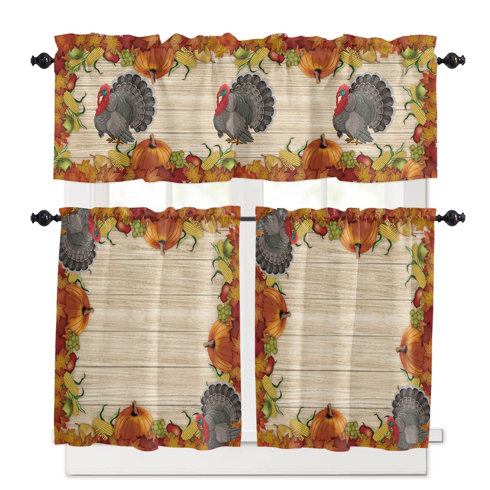 Thanksgiving Kitchen Curtains Set - 3PC Farmhouse Style Valance & Tier Curtains with Pumpkin, Maple Leaf & Turkey Designs - 27.5