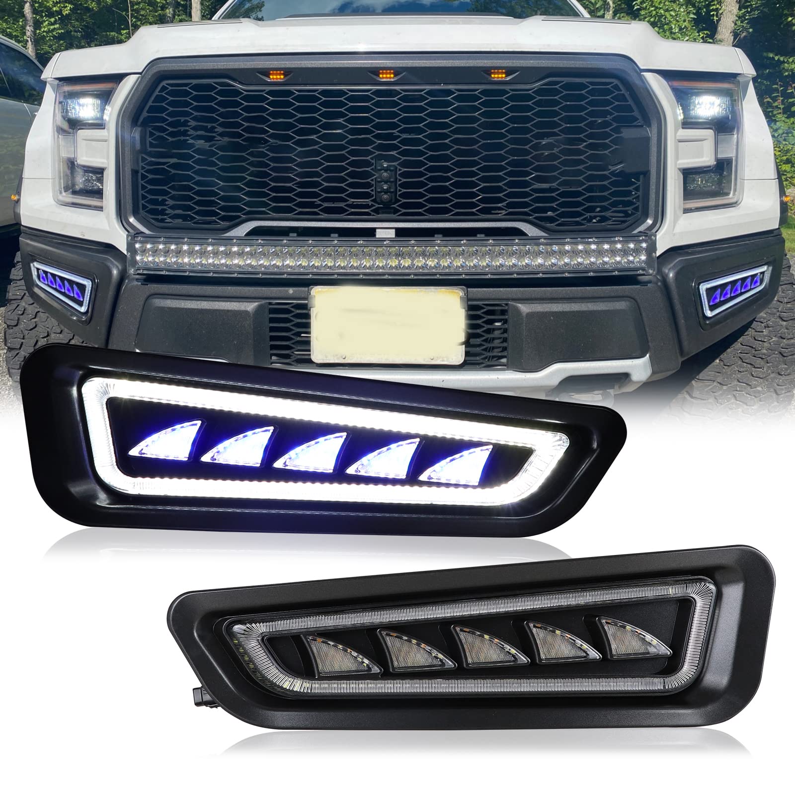 KOLEMO LED Fog Lights & Bumper Lights for Ford F150 2017-2021 | Ice Blue/White Amber Sequential Turn Signal | Waterproof Off-Road Driving Lights | Perfect for Night Driving, Foggy Conditions & Off-Road Adventures (1 Pair)