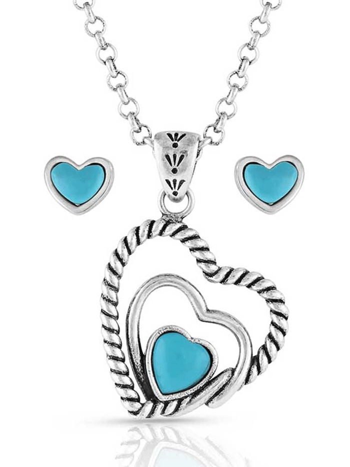 Montana Silversmiths JS5179 Women's Turquoise Heart Jewelry Set - Sterling Silver Necklace & Earrings for Western Fashion & Boho Style