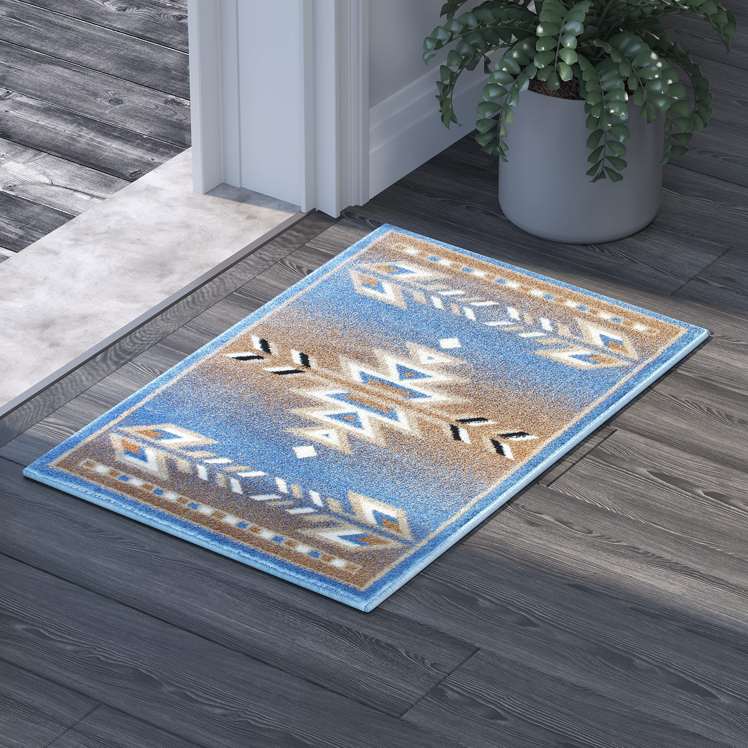 EMMA + OLIVER Reno Olefin Accent Rug - Southwestern Geometric Arrow Design in Blue, Black, Beige & Ivory - 2x3 Feet - Stain & Moisture Resistant - Jute Backing - Perfect for Living Room, Bedroom & Entryway Decor