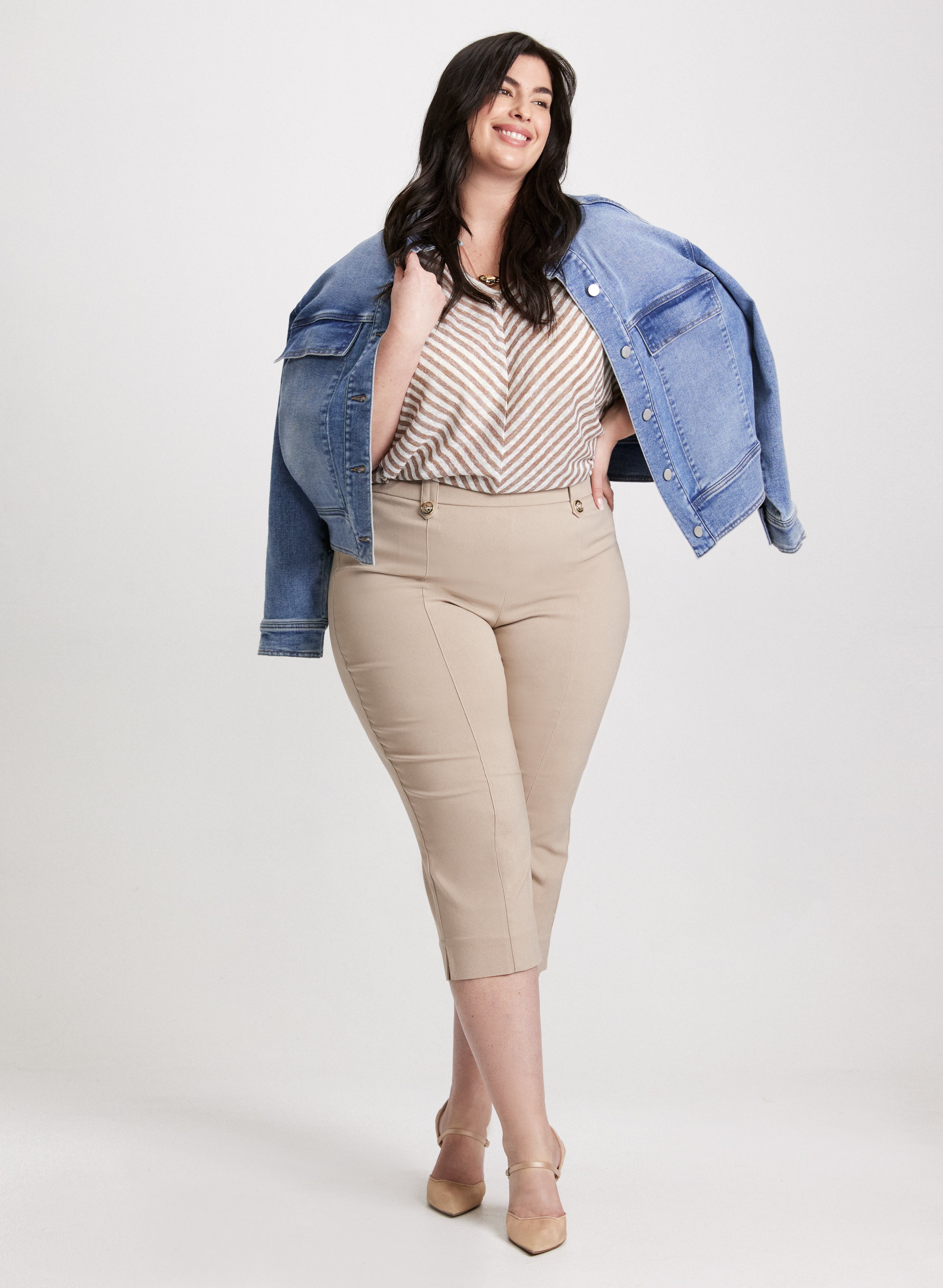 Diagonal Stripes Top & Side Slit Pull-On Pants Set - Women's Casual Outfit for Work, Travel & Everyday Wear