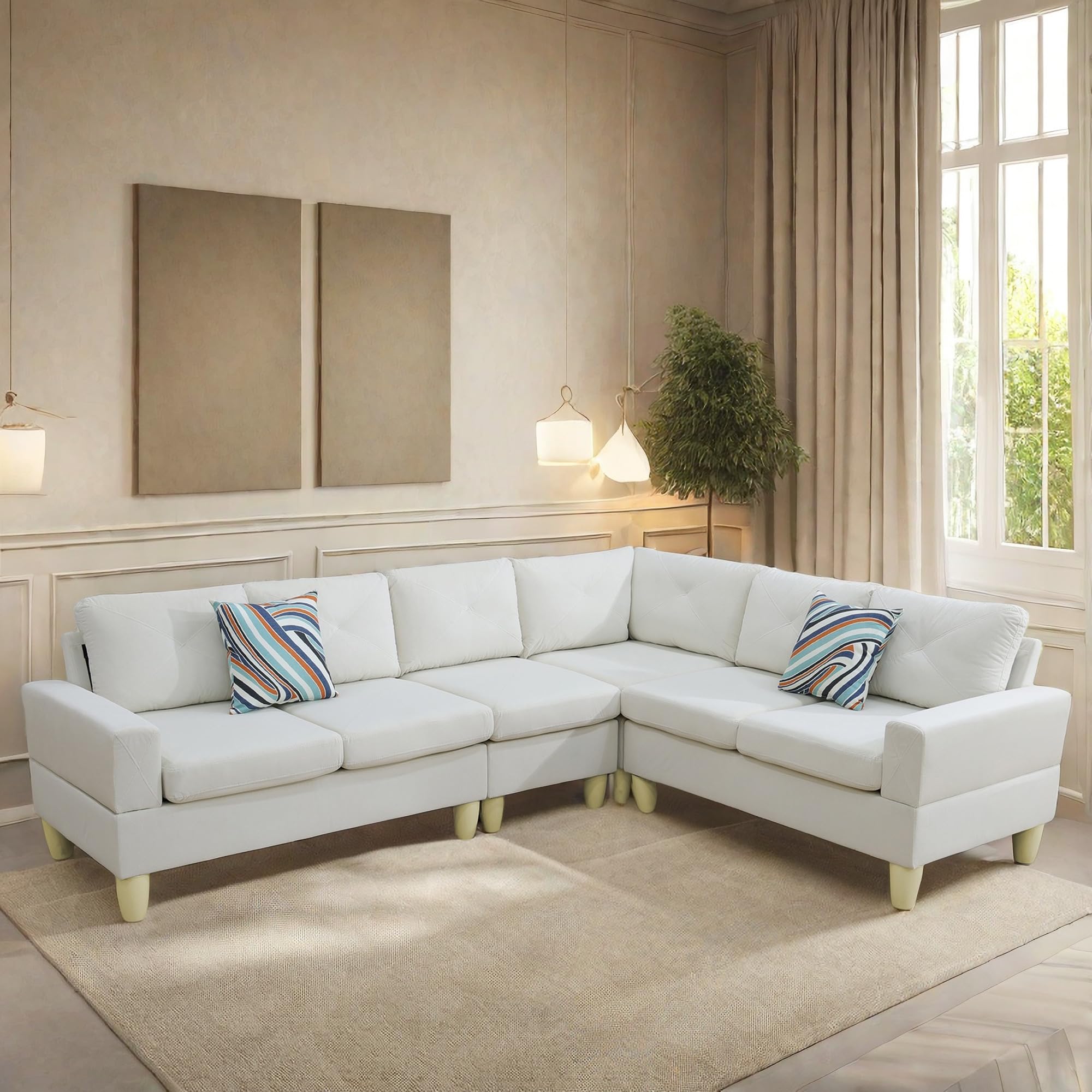 Modern L-Shaped Sectional Sofa Set - White Upholstered Living Room Couch for Small Spaces, Bedroom, Apartment & Office Furniture - Comfortable Lounge Seating for Family Gatherings, Movie Nights & Relaxation (MZX-VC-F22303)