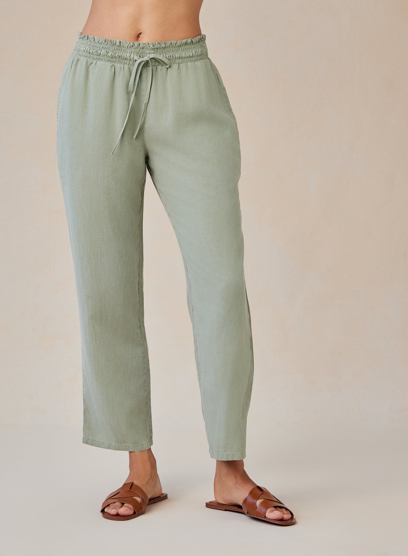 Stylish Smocked Waist Trousers in Olive Green - Comfortable & Flattering Women's Pants for Work, Travel & Casual Outfits