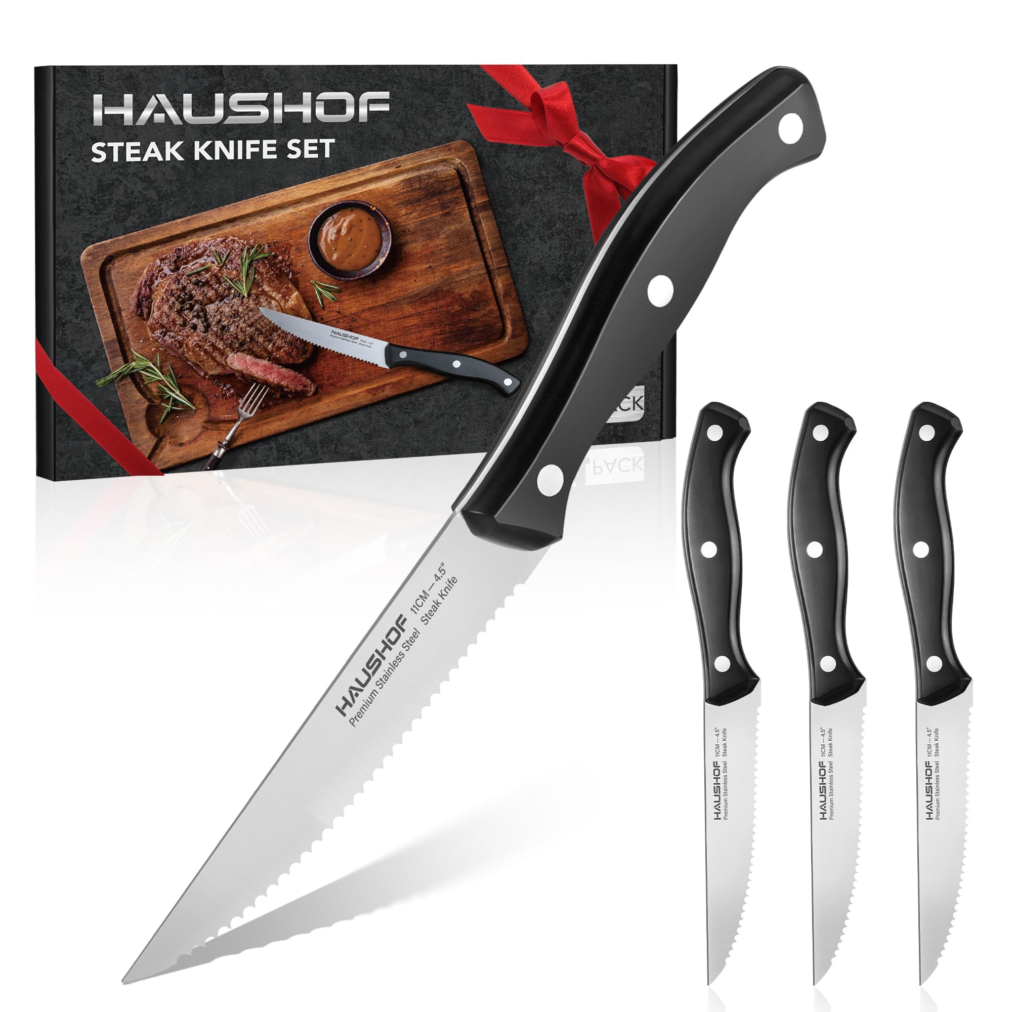 Premium HAUSHOF 4-Piece Steak Knives Set - Sharp Stainless Steel Serrated Blades with Full Tang & Ergonomic Handle - Elegant Gift Box Included - Perfect for Steak Lovers, Home Chefs & as Thoughtful Gifts (Birthday, Anniversary, Housewarming) - Ideal for Fine Dining, BBQ Parties & Everyday Use