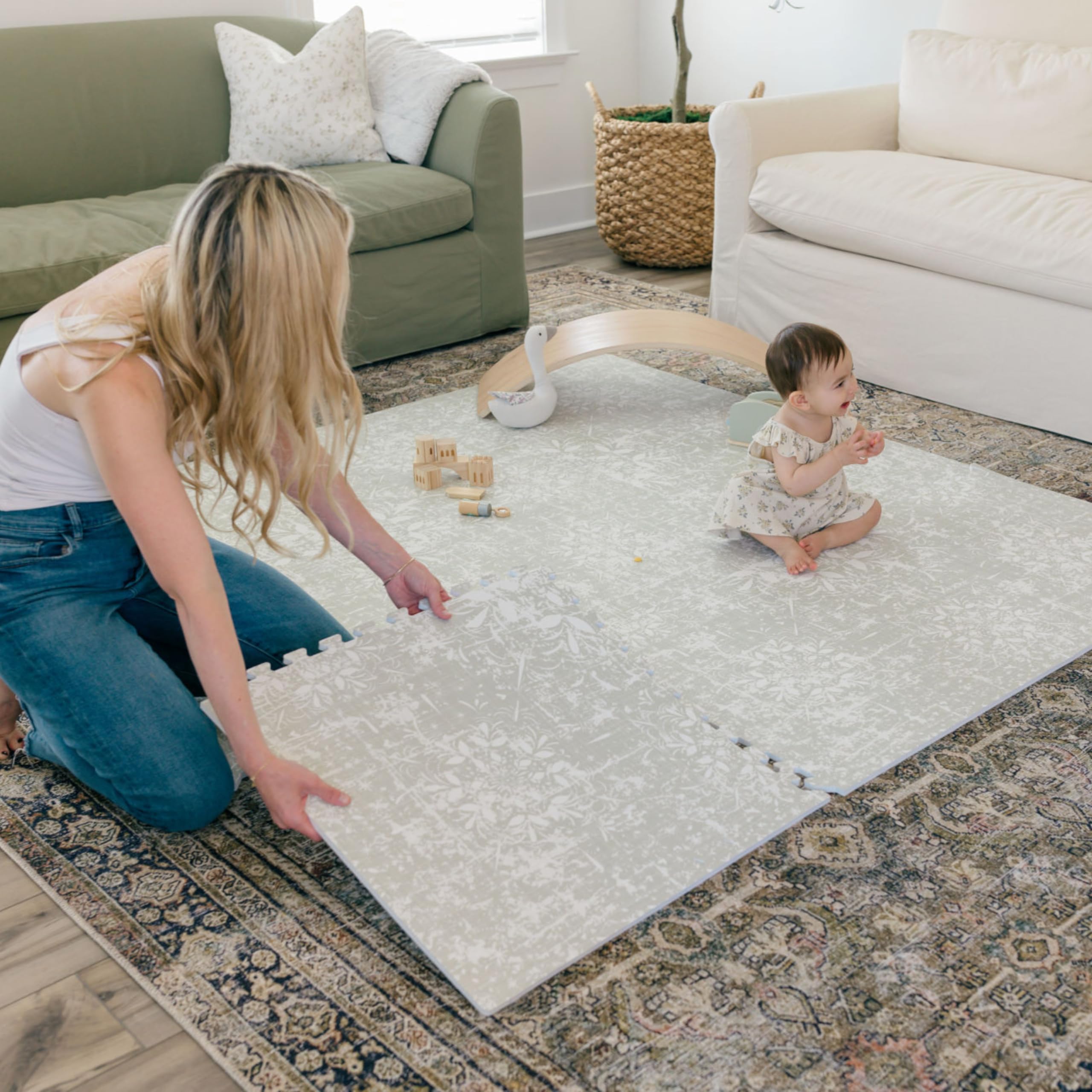 Premium EVA Foam Baby Play Mat 6x6ft - Non-Toxic Soft Floor Mat for Infants & Toddlers - Crawling Mat for Playroom, Nursery & Daycare - Perfect for Tummy Time, Learning & Safe Play - Waterproof & Easy to Clean - Eden Collection (Blue/Grey)
