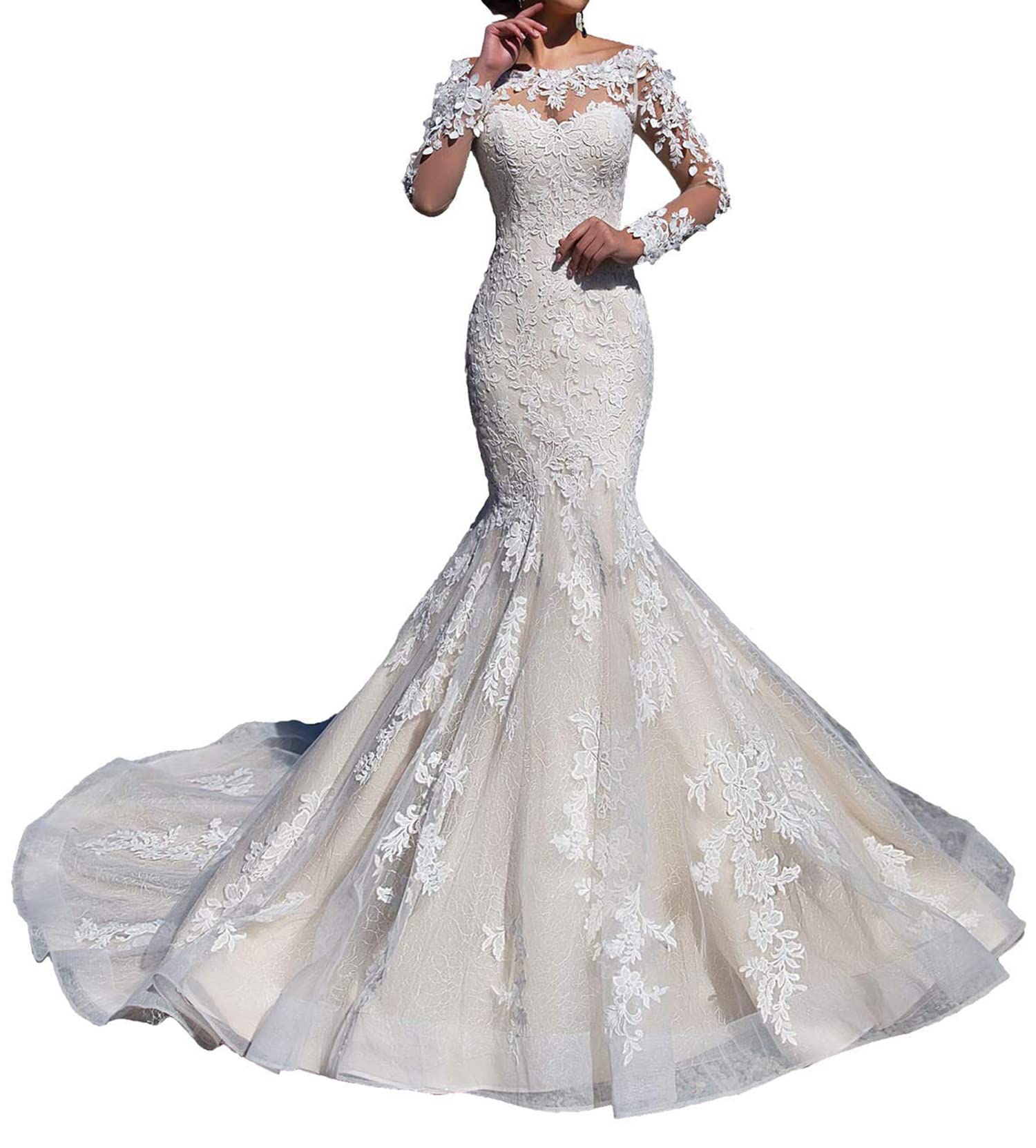 Elegant Long Sleeve Mermaid Wedding Dress with Lace Appliques - Perfect for Bridal Ceremony, Formal Events & Romantic Photoshoots