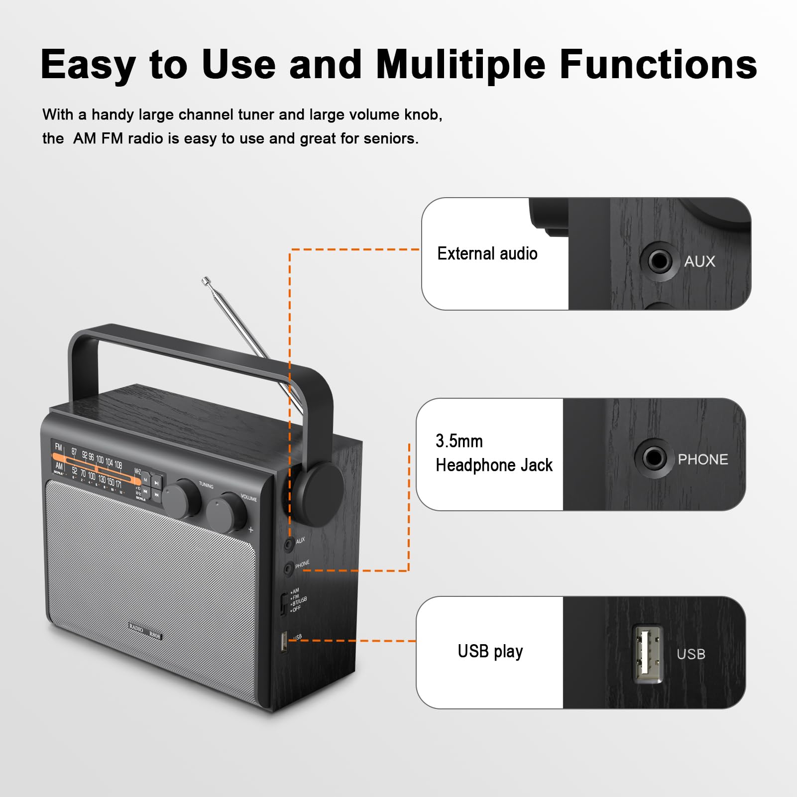 Portable AM FM Radio with Bluetooth - Best Reception, Battery or Wall Powered, Headphone Jack, USB, Aux Input, Big Speaker - Perfect for Home, Outdoor, Camping, Travel & Gifts