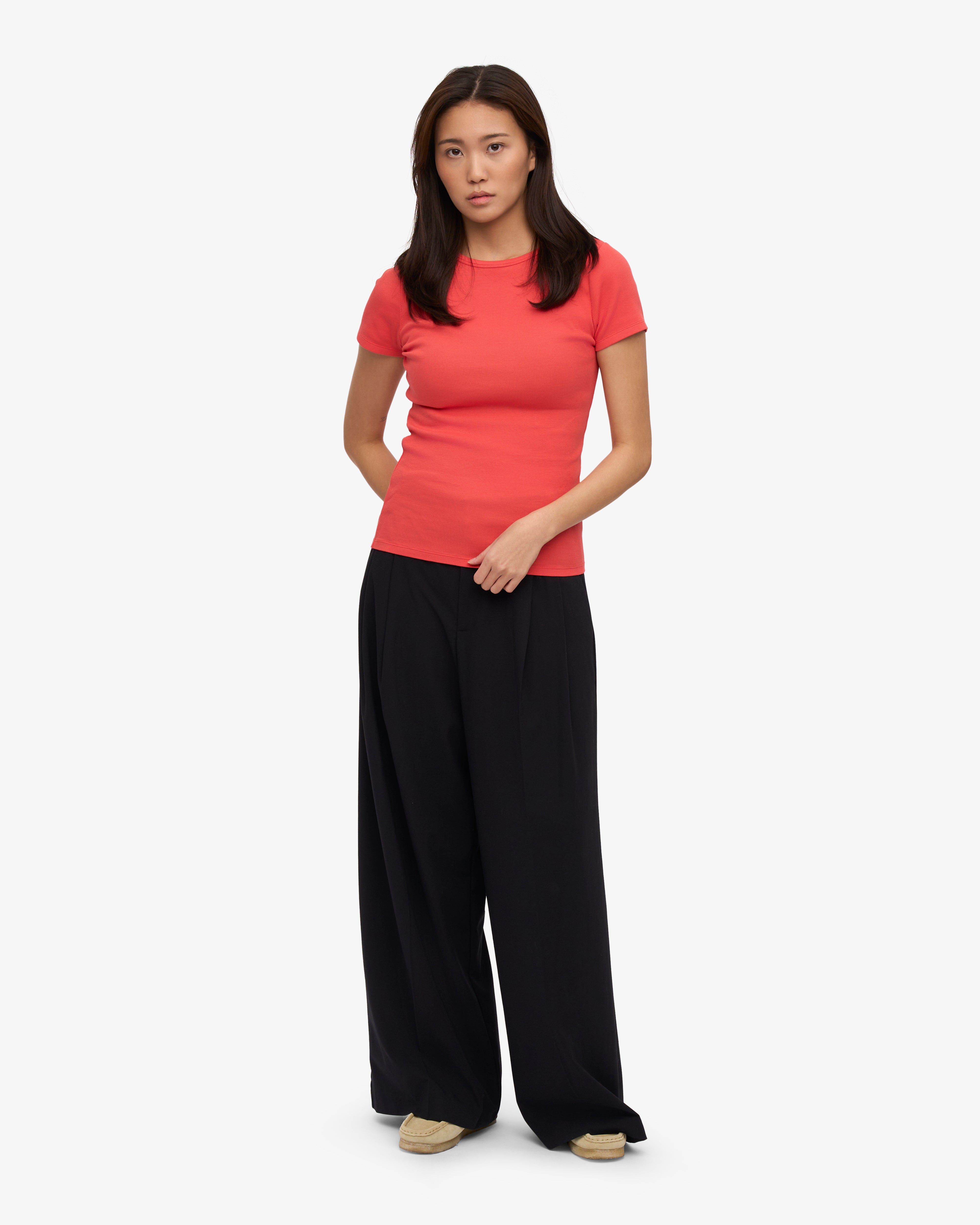 Organic Cotton Rib T-Shirt for Men & Women - Soft & Comfortable Red Tangerine Color - Perfect for Casual Wear, Yoga & Everyday Outfits