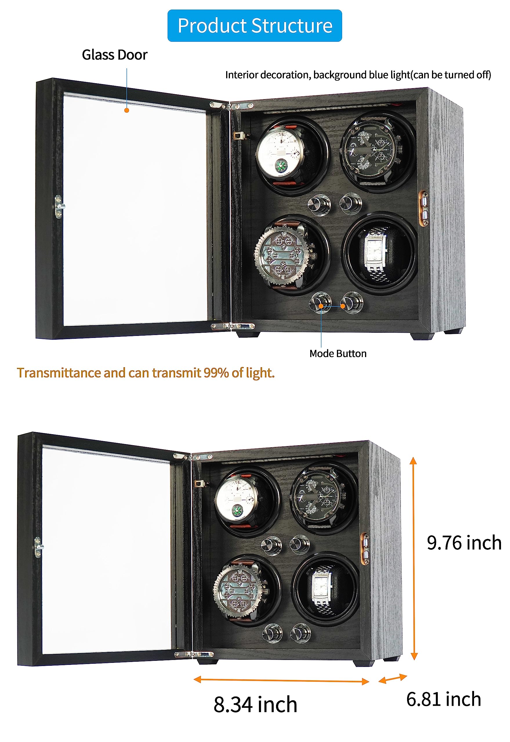 Oryx 4 Automatic Watch Winder - Wooden Case with 5 Modes & LED Light for Home/Office