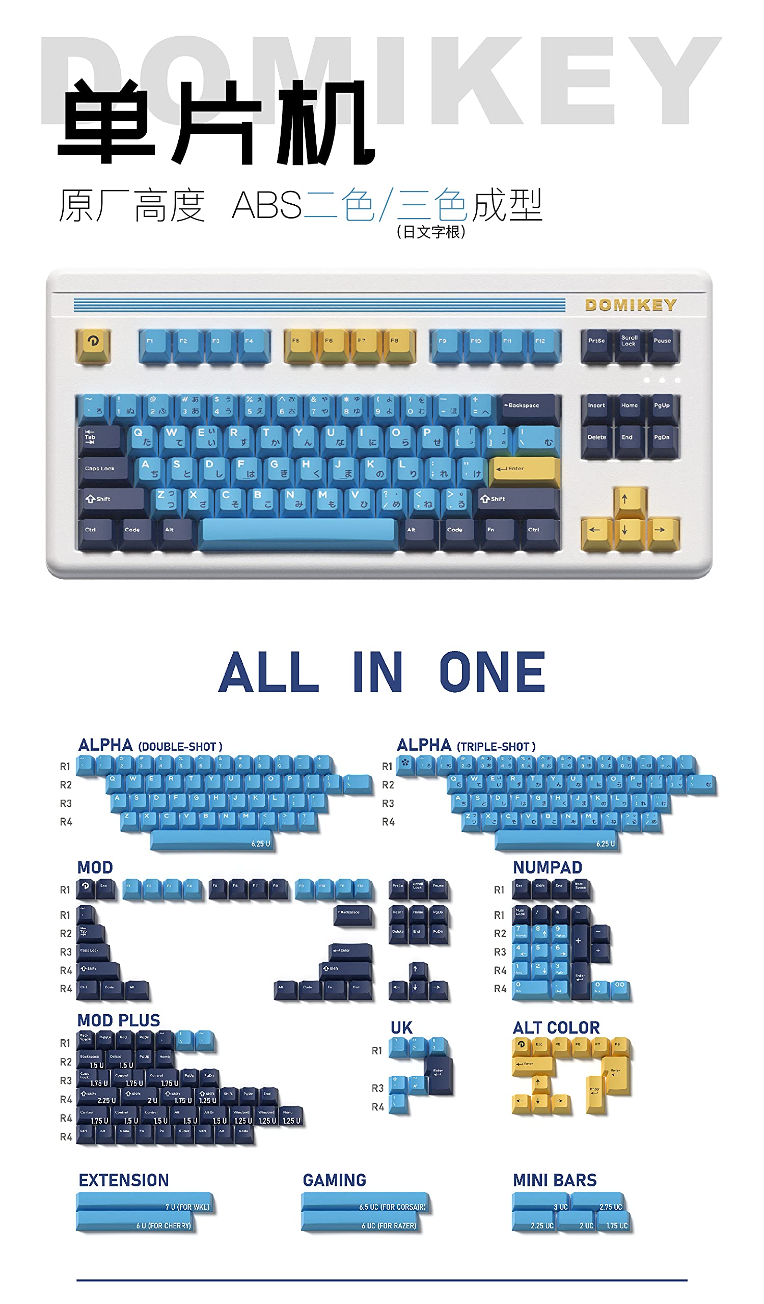 Domikey Cherry Profile ABS Double Shot Keycap Set - Compatible with MX Stem Keyboards (60%, 87, 104 Key, XD64, XD68, BM60, BM65) - Single Chip All-in-One Design - Perfect for Gaming, Typing & Mechanical Keyboard Customization
