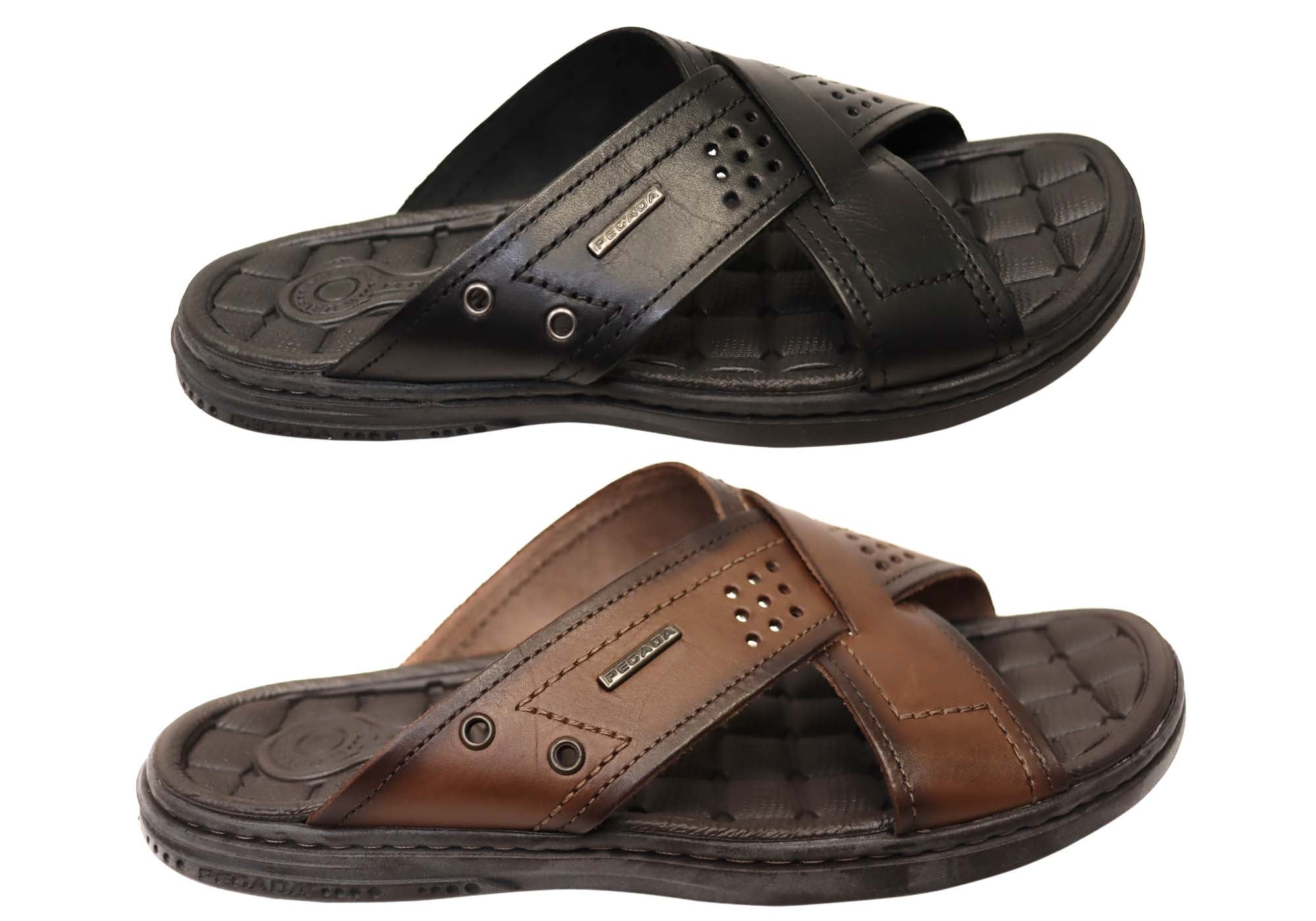 **Perry Men's Comfortable Leather Slides Sandals - Handmade in Brazil - Perfect for Casual Wear, Beach & Poolside**