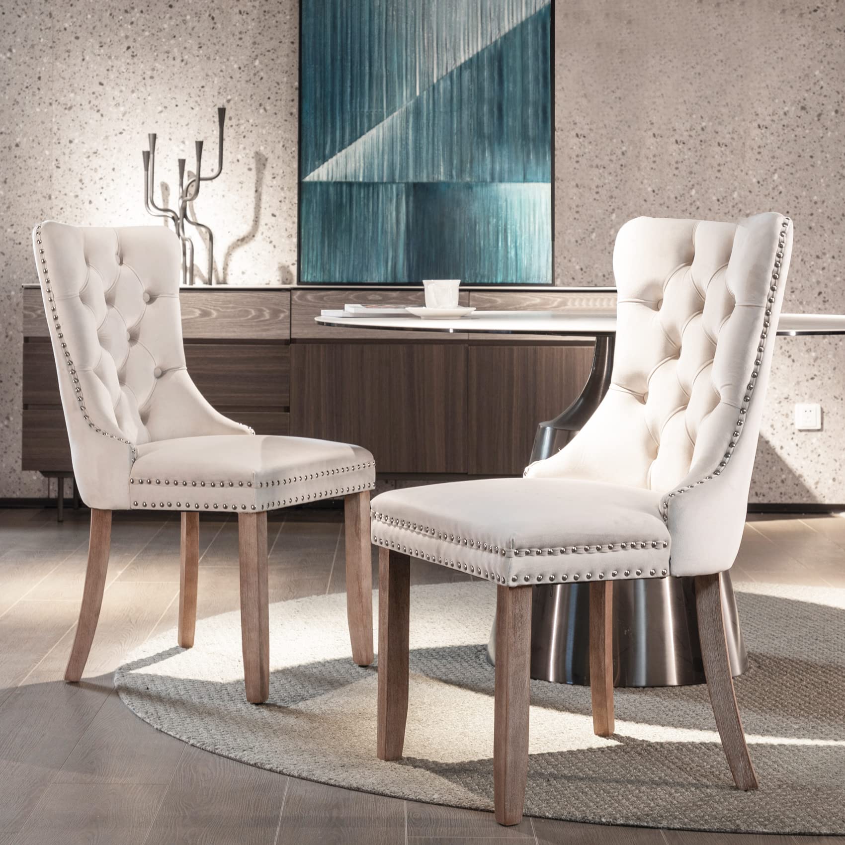 Aoowow 2-Piece Velvet Upholstered Dining Chairs Set - Wingback Armless Side Chairs with Button Tufted Design & Solid Wood Legs for Kitchen, Dining Room - Elegant Beige Home Decor for Modern Living Spaces