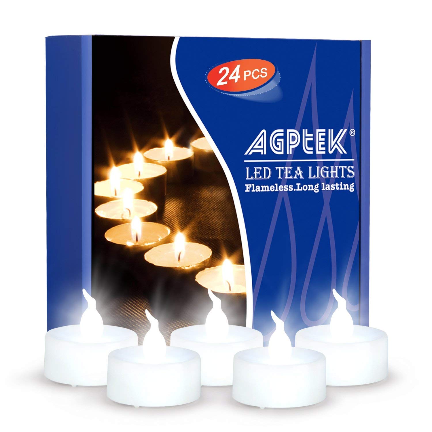 AGPTEK 24-Pack Flickering LED Tea Light Candles - Battery Operated Flameless Candles with Realistic Flicker Effect, Cool White - Perfect for Weddings, Holiday Parties, Home Decor, Romantic Dinners & Spa Nights