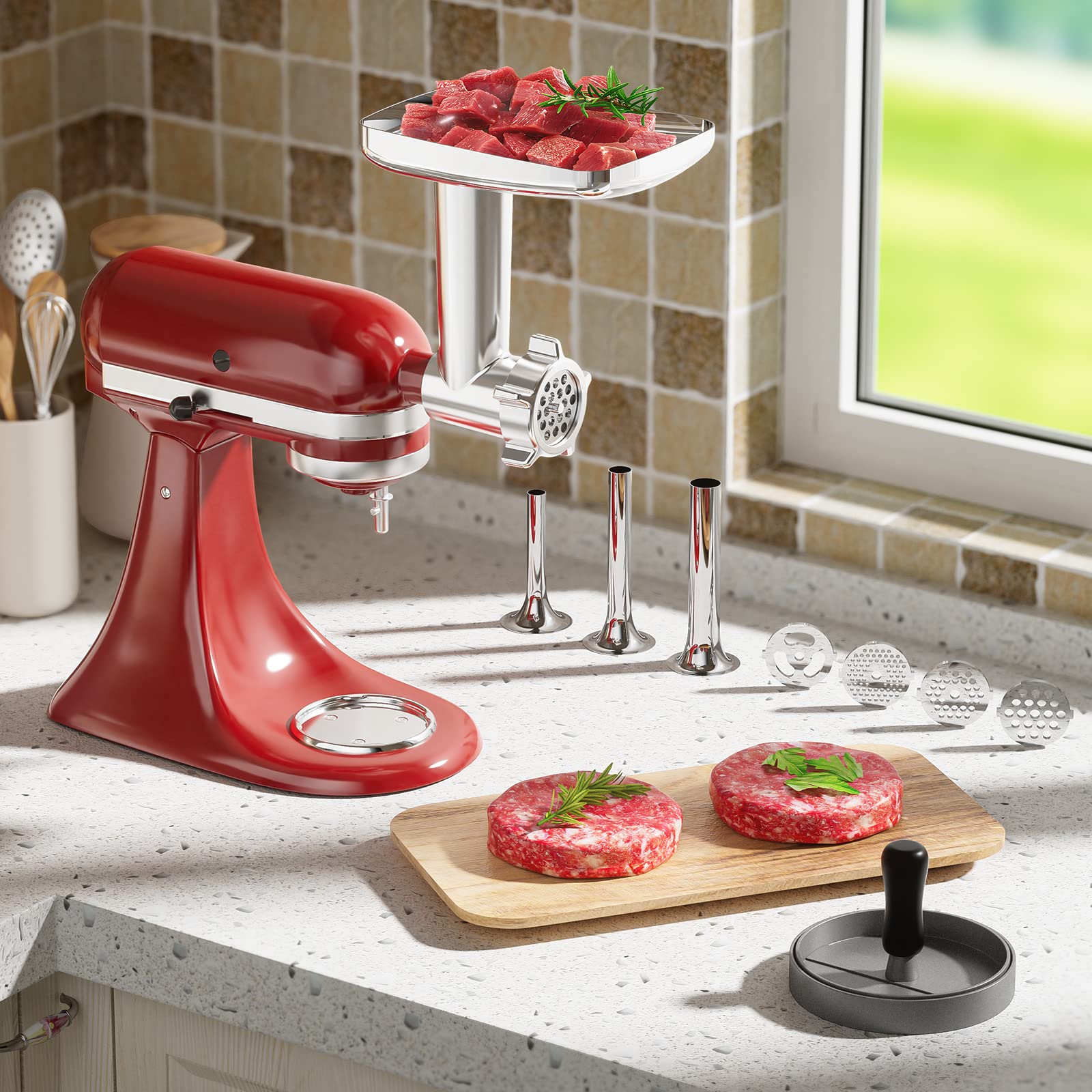 KitchenAid Stand Mixer Metal Food Grinder Attachment - Heavy Duty Meat Grinder & Sausage Stuffer Kit with 3 Accessories for Fresh Ground Beef, Sausage Making & Home Kitchen Use