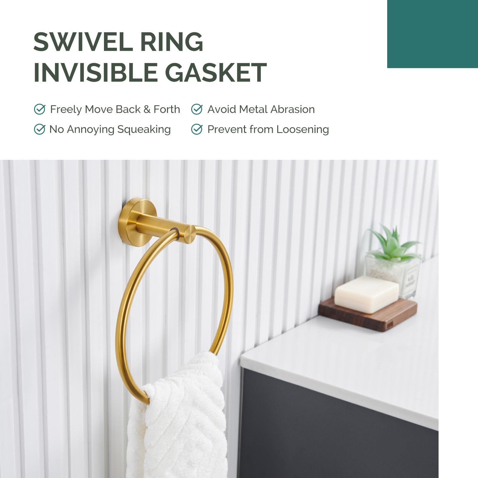Brushed Gold Towel Ring - Angle Adjustable SUS304 Stainless Steel Wall Mounted Towel Holder - Modern Bathroom Accessory for Hand Towels, Washcloths & Spa Decor