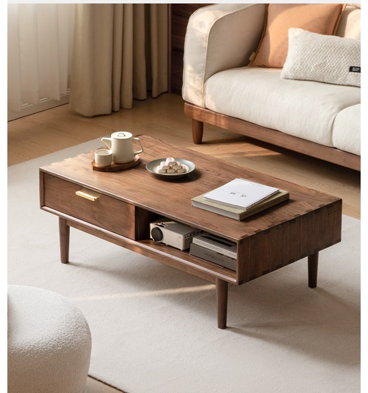 Solid Black Walnut Wood Storage Coffee Table with Rock Plate - Rustic Living Room Furniture for Home Decor & Organization