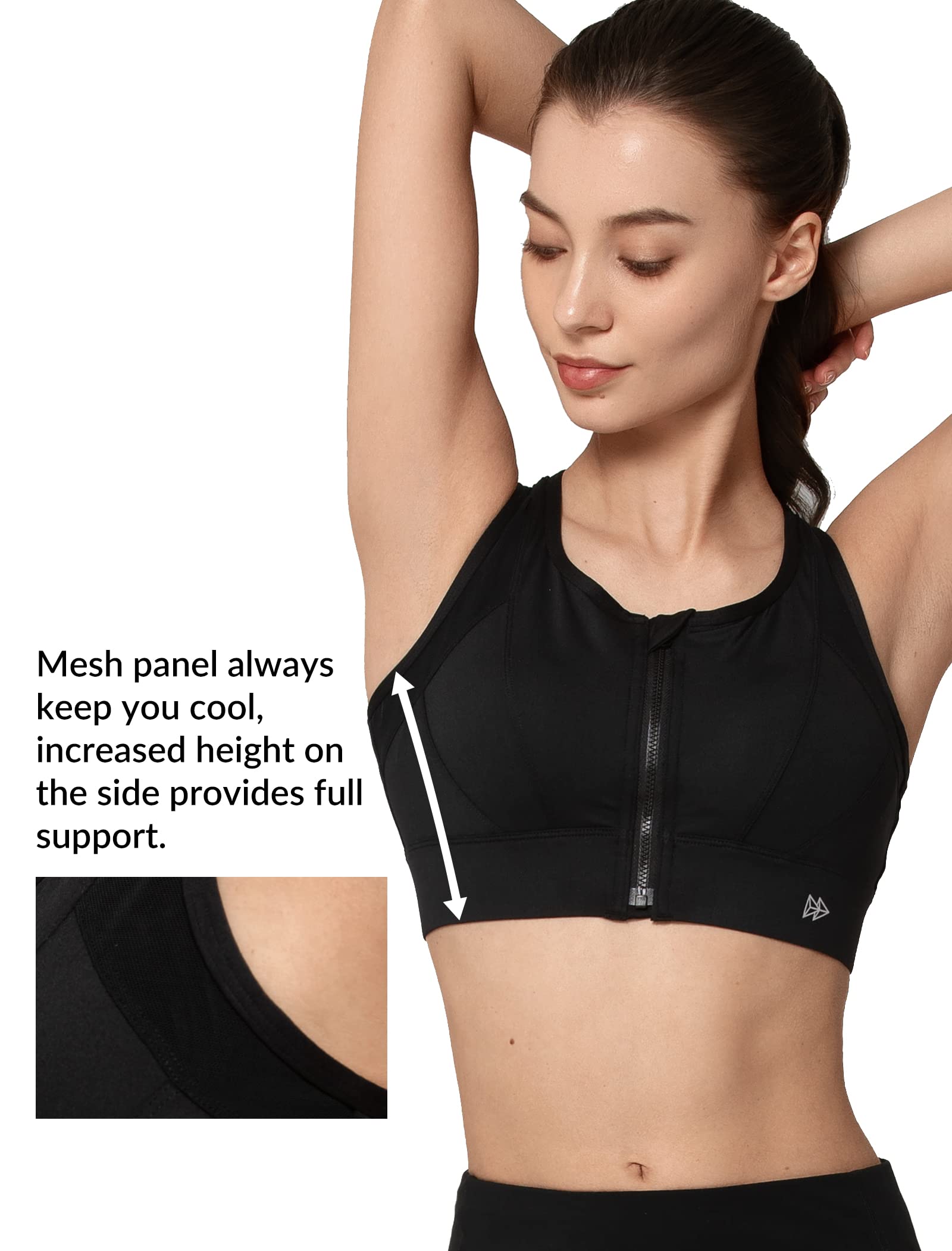 Yvette High Impact Zip Front Sports Bra - Mesh Racerback Workout Bra for Women with Large Breasts - High Support for Running, Gym & High-Intensity Training