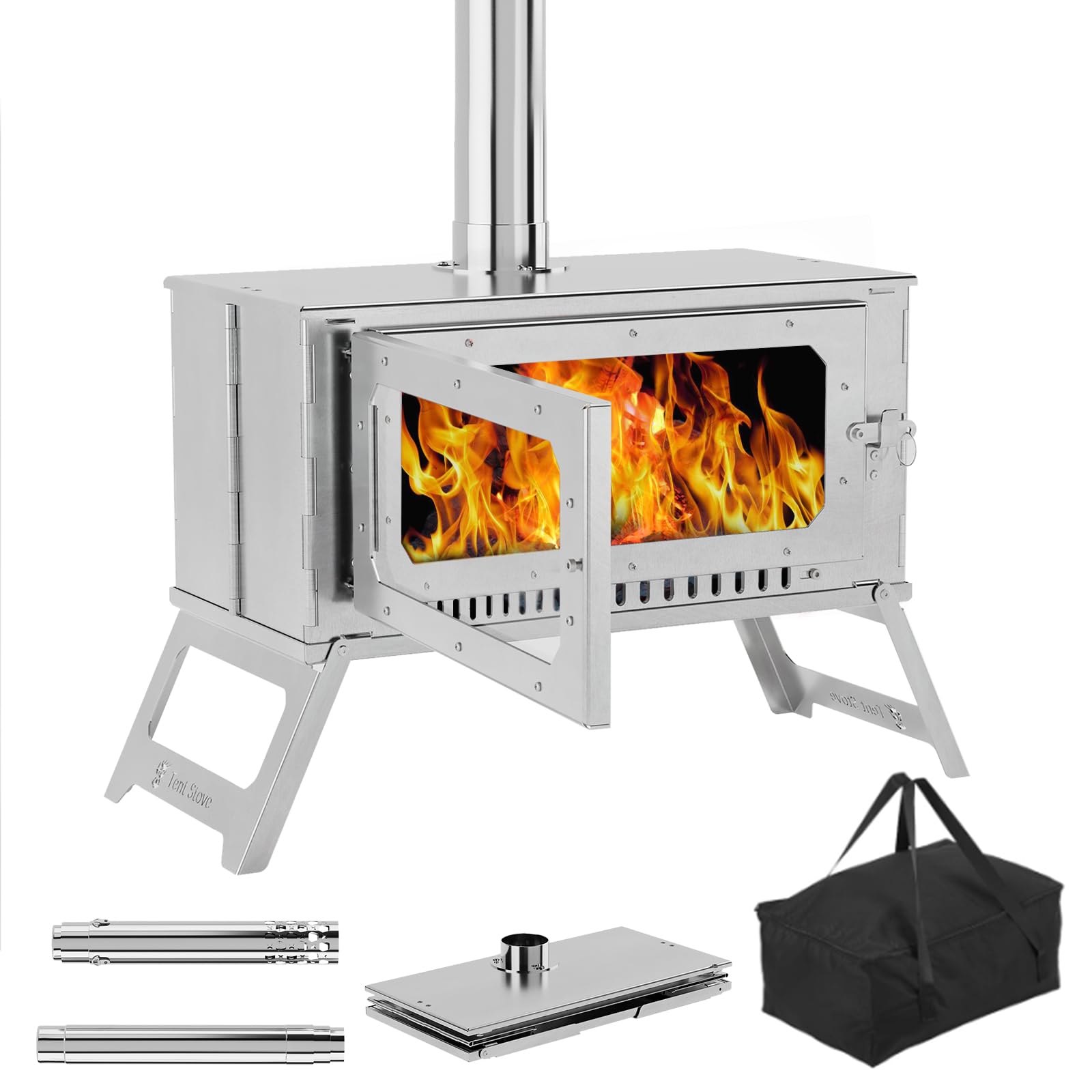 Portable Wood Burning Camping Stove with View Glass - 5 Chimney Pipes Stainless Steel Tent Heater for Outdoor Cooking, Hunting & Winter Camping | Perfect for Backpacking, RV Trips & Emergency Heating