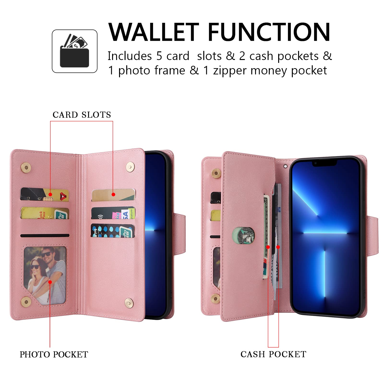 Premium PU Leather Wallet Case for iPhone 13 (6.1 Inch) with Card Slots, Magnetic Closure & Kickstand - Shockproof Flip Cover with Wrist Strap - Perfect for Daily Use, Travel & Hands-Free Viewing (Pink)
