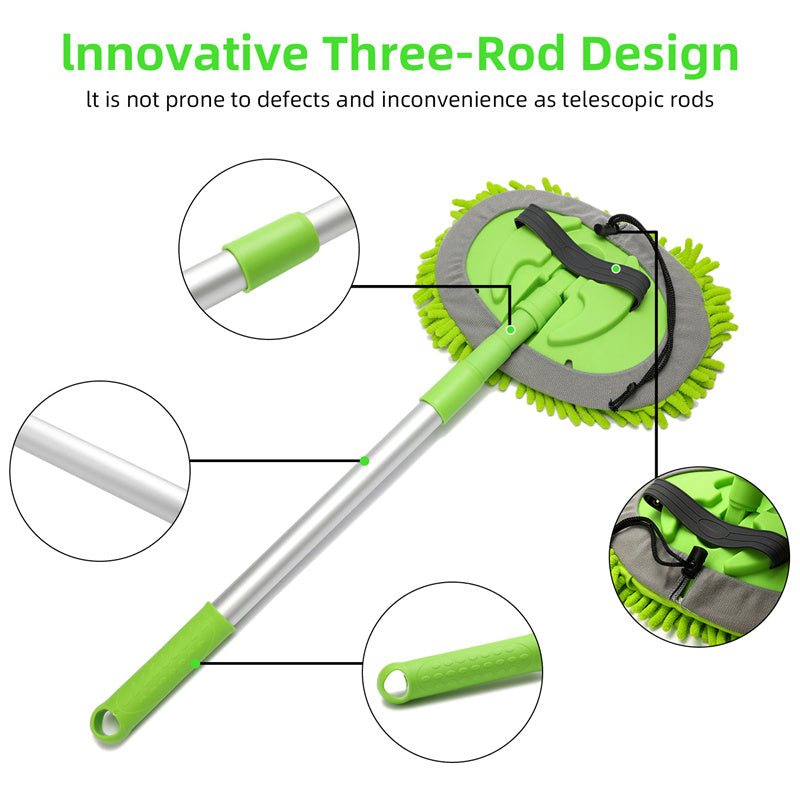 3 in 1 Chenille Wash Mop & Window Cleaner with Removable Car Wash Mitt (3.75 ft) - Perfect for Home, Car, and Window Cleaning - Multi-Surface Cleaning Tool for Floors, Vehicles, and Glass