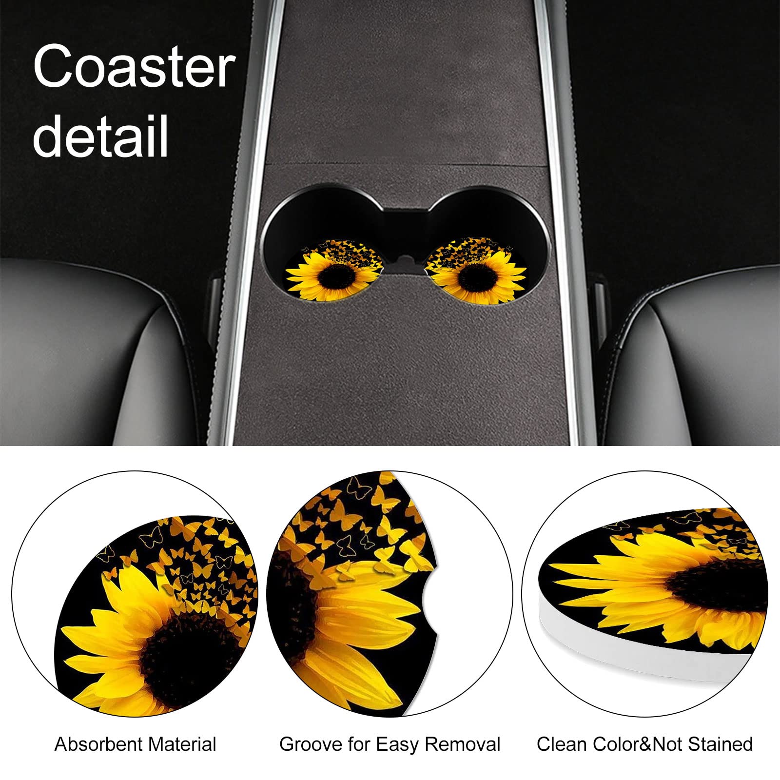 2 Pack Sunflower Ceramic Car Cup Holder Coasters - Absorbent Drink Coasters for Auto Accessories, Perfect Gift for Men & Women (Black Sunflower with Butterflies) - Keep Your Car Clean & Stylish While Driving