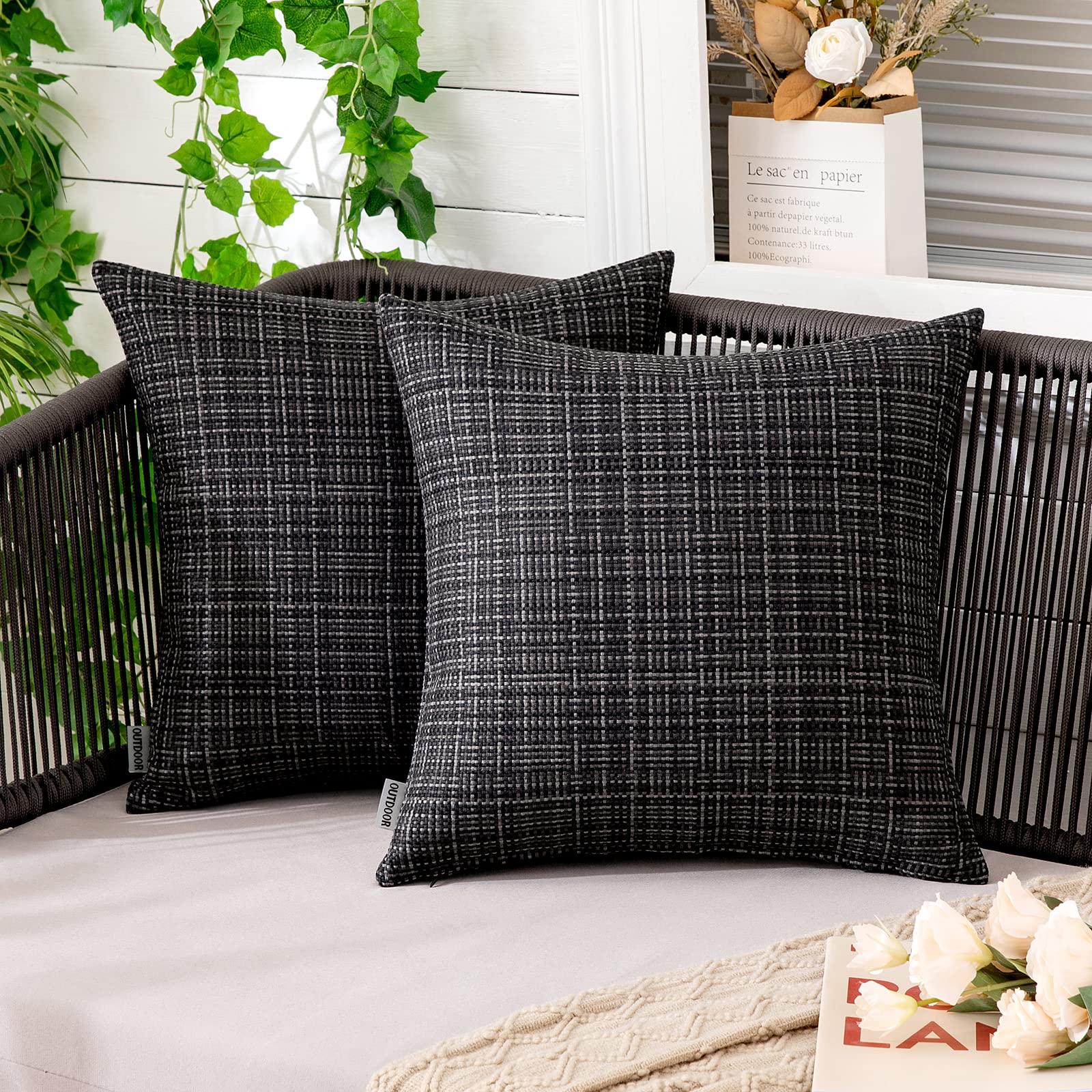 MIULEE 16x16 Inch Waterproof Outdoor Throw Pillow Covers - Pack of 2, Black - Decorative Farmhouse Style Cushion Covers for Patio, Garden, Tent, Sofa & Couch - Perfect for Outdoor Furniture, Camping and Home Decor