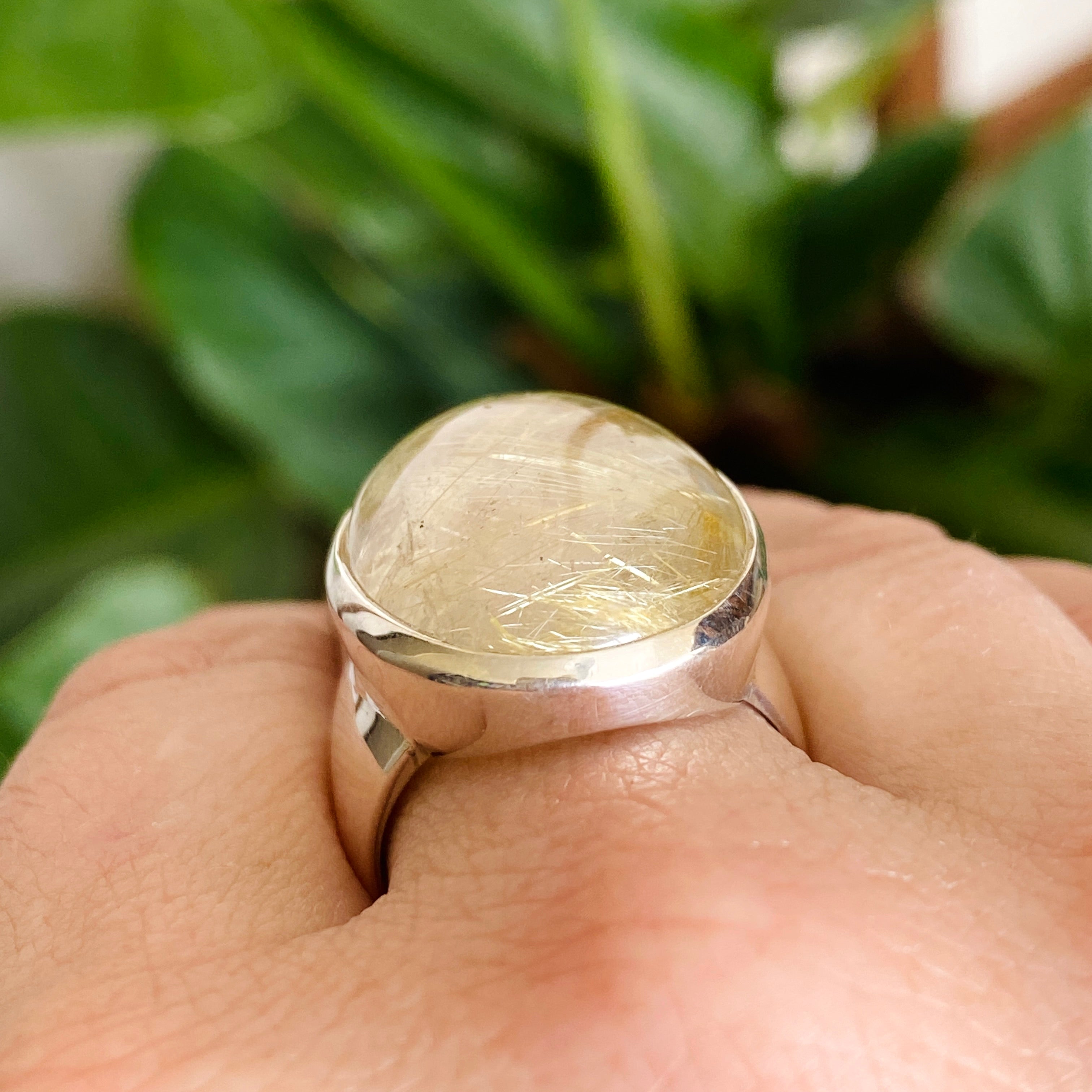 Rutilated Quartz Oval Cabochon Ring - Size 10 - 925 Sterling Silver - Handmade Boho Jewelry - Perfect for Meditation, Energy Healing & Spiritual Gifts