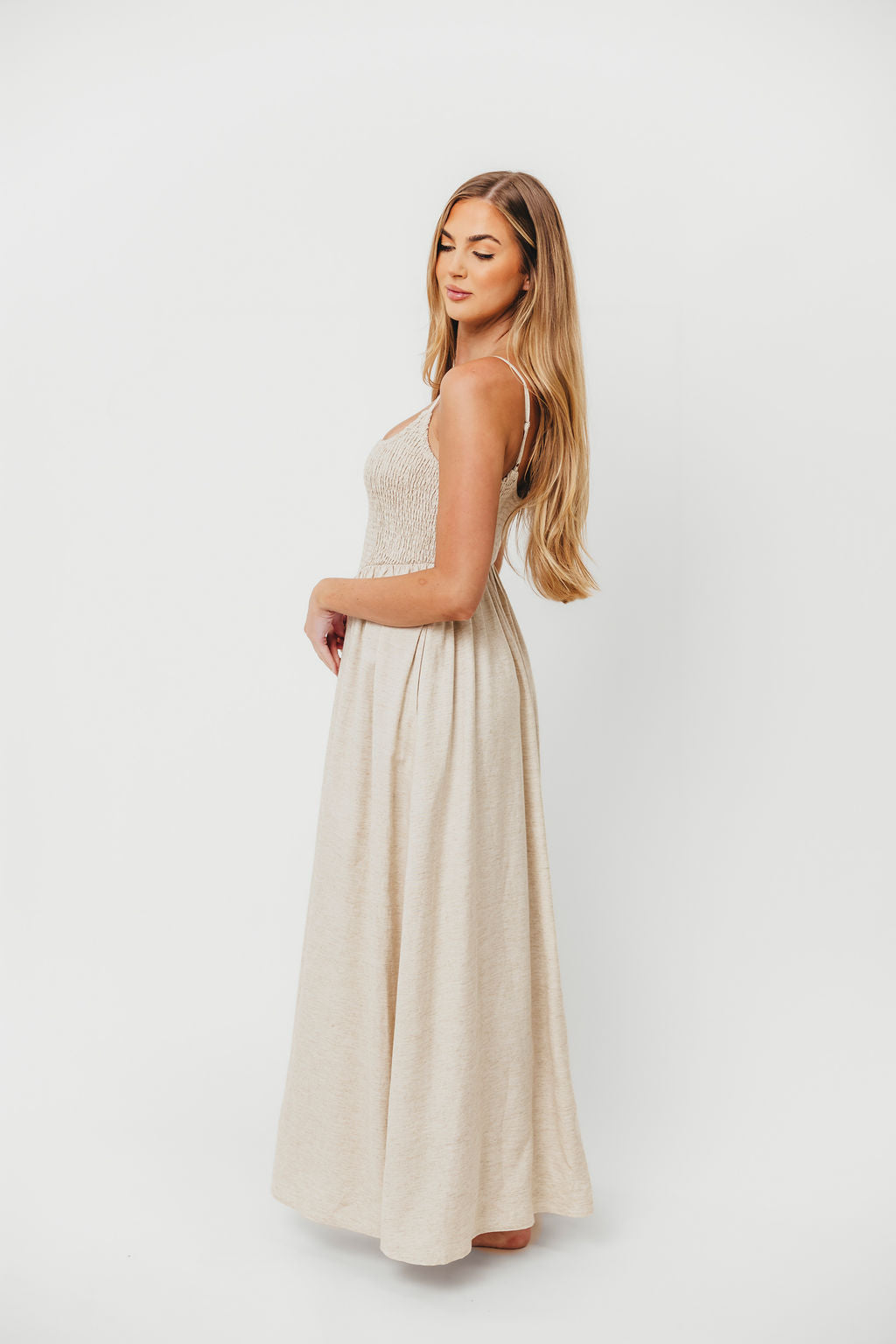 Josefina Smocked Maxi Dress in Natural - Bump Friendly Maternity Dress for Pregnancy & Nursing | Perfect for Baby Showers, Beach Vacations & Summer Weddings