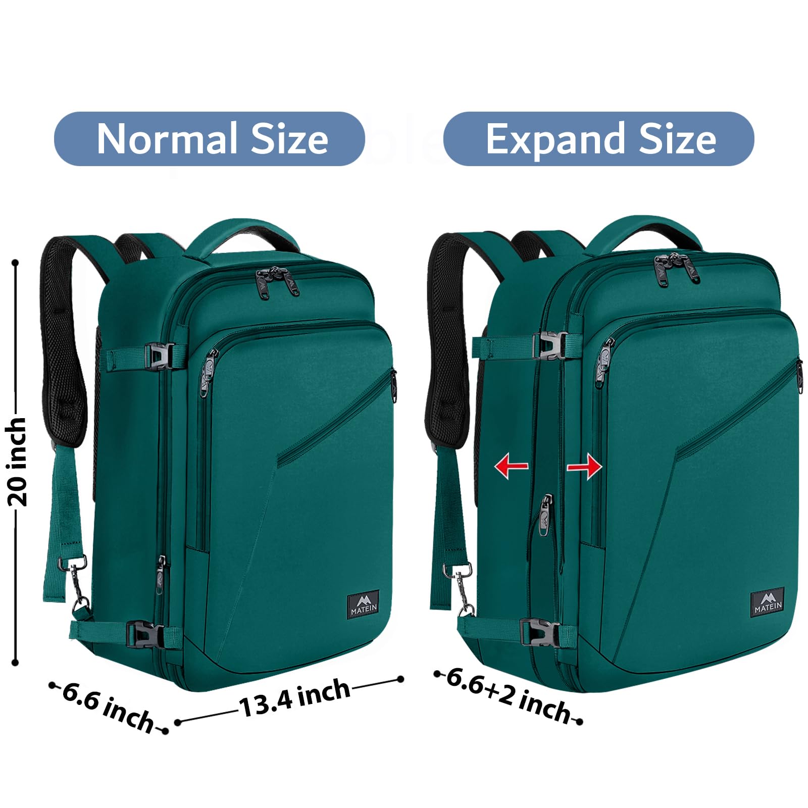 MATEIN Large Travel Backpack - Water Resistant Carry On Backpack for Air Travel, Expandable Lightweight Overnight Daypack with Large Capacity (Peacock Blue) - Perfect for Business Trips, Weekend Getaways & Outdoor Adventures